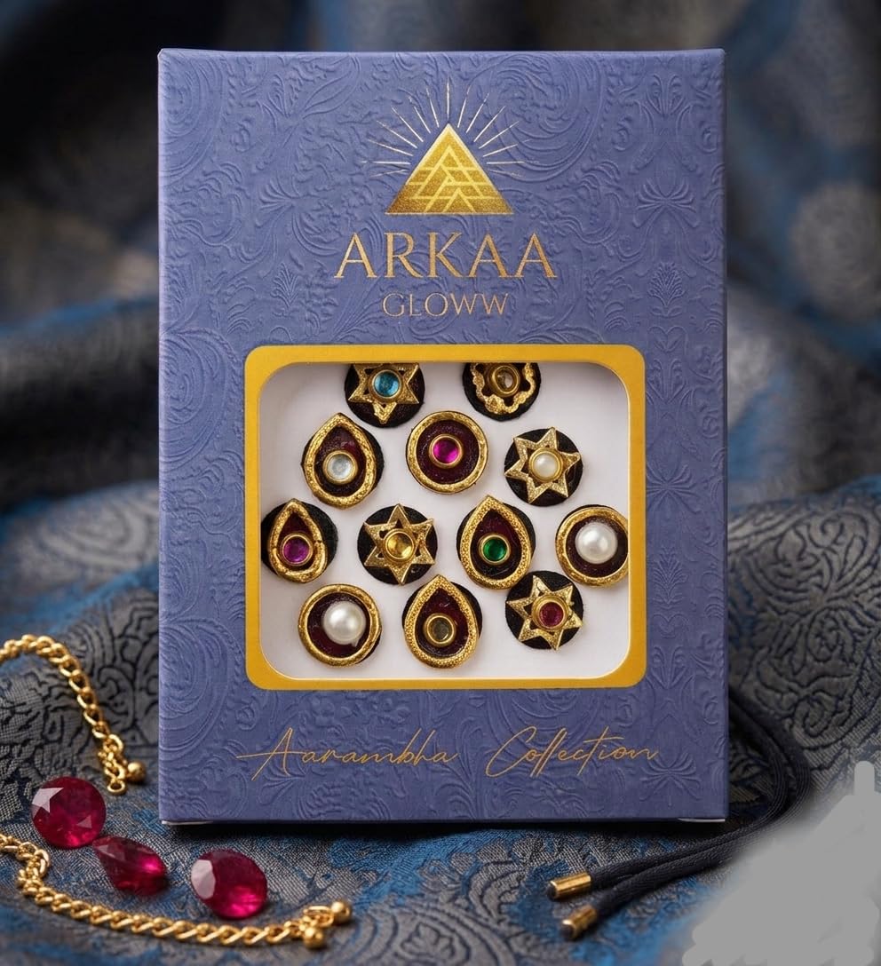 Aarambha Collection Decorative Bindi Set | Multi-Stone Designs, Gold-Toned Finish, Assorted Shapes, Gift Box Packaging, Traditional Style-picture-21