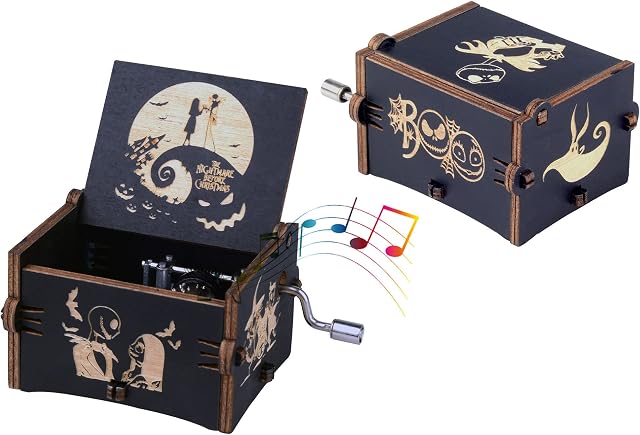 Keast Wooden Hand-cranked Musical Box for Boys Girls, Engraved The Nightmare Before Christmas Music Box for Kids, Playing Melody This is Halloween Music Box for Halloween