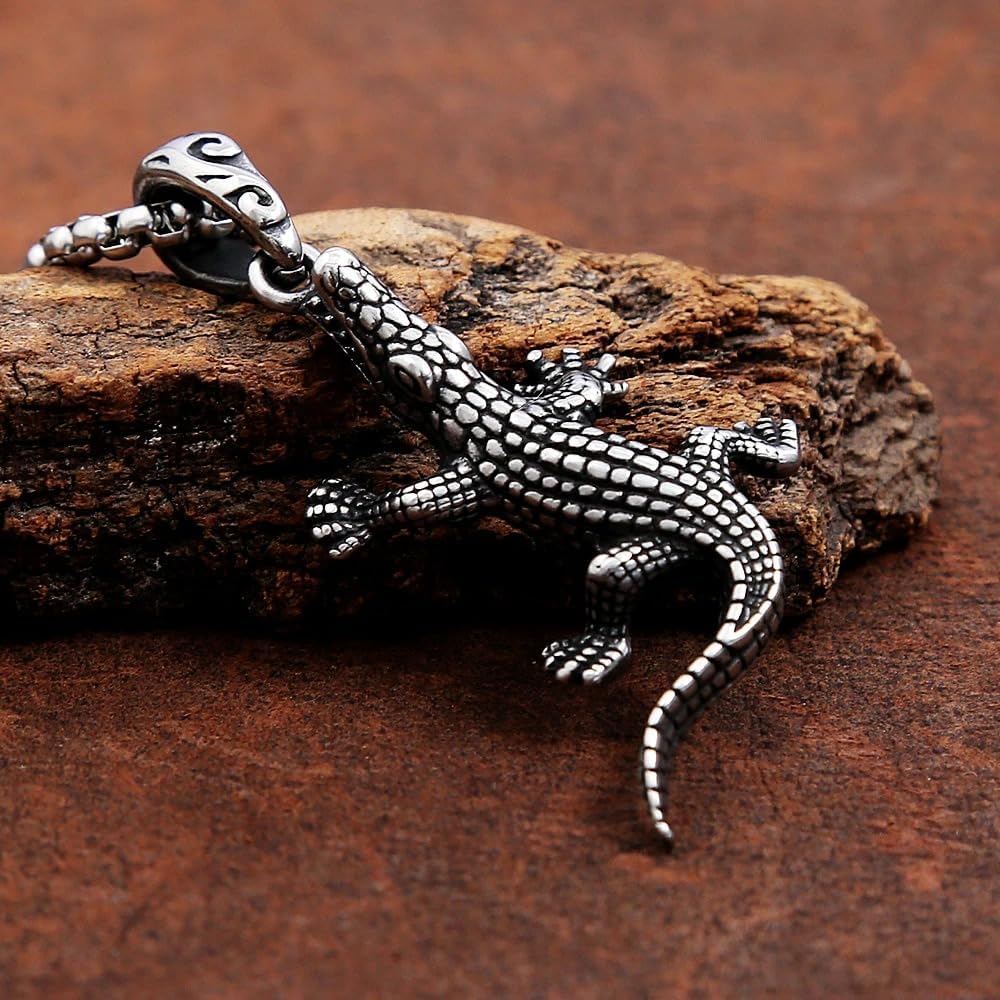 925 Sterling Silver Crocodile Necklace Animal Alligator Necklace Crocodile Charms Pendant Necklace Biker Alligator Jewelry with Collar Chain Alligator Necklace for Women and Men - Image 3