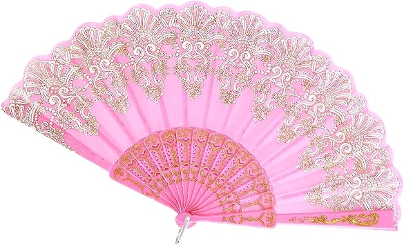 Folding Fan Handheld Silk Fabric With Lotus Pendant, Spanish Style Hand Fans for Wall Decoration, Wedding Birthday Gifts Pink