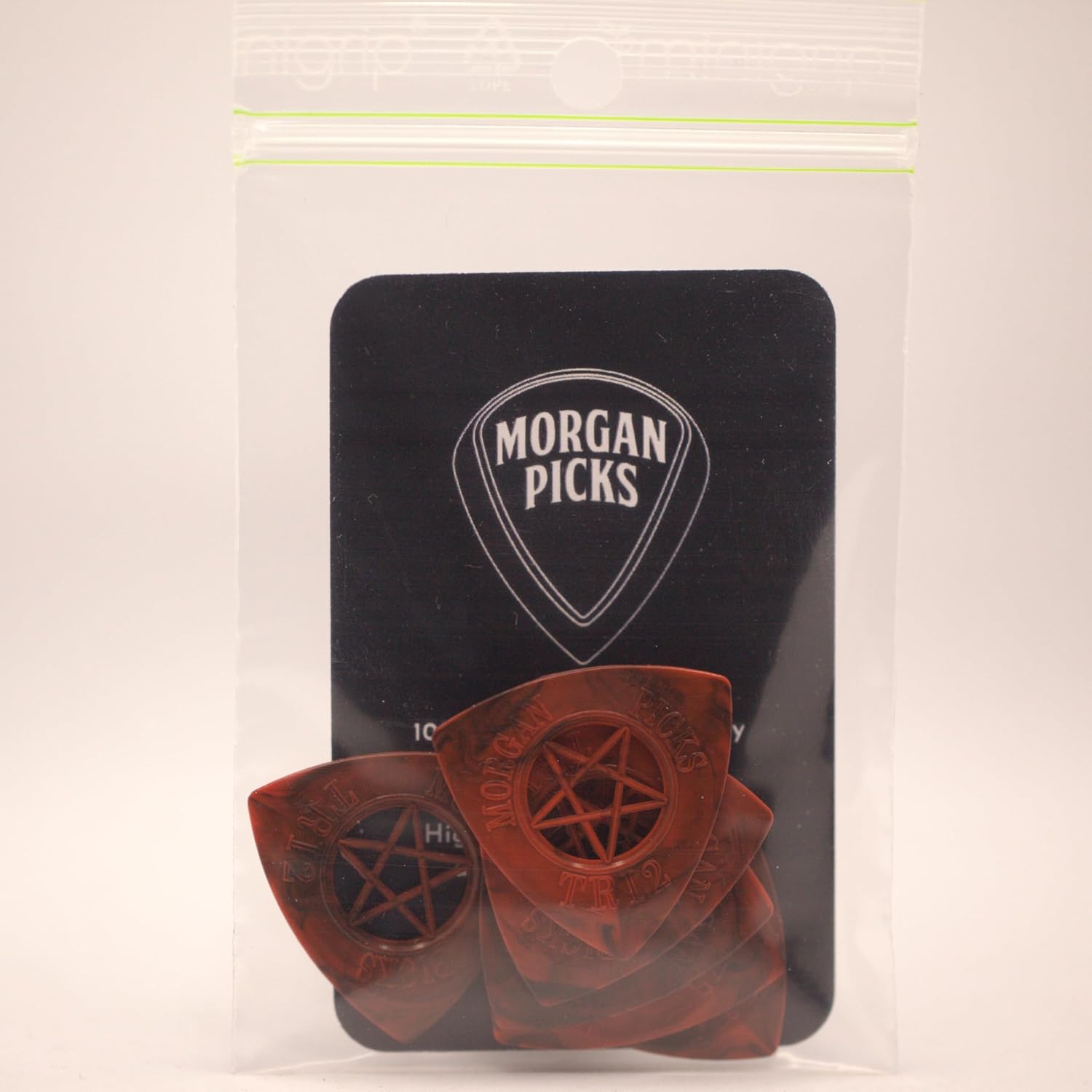 Tri2-6 picks for guitar/bass. Pentagram cutout for grip and look. 100% made in Denmark
