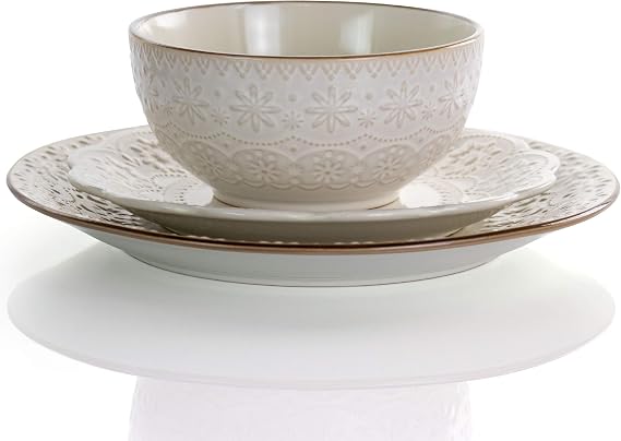 Elama Embossed Scalloped Stoneware Dinnerware Dish Set, 16 Piece, Ivory