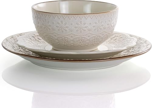Elama Embossed Scalloped Stoneware Dinnerware Dish Set, 16 Piece, Ivory