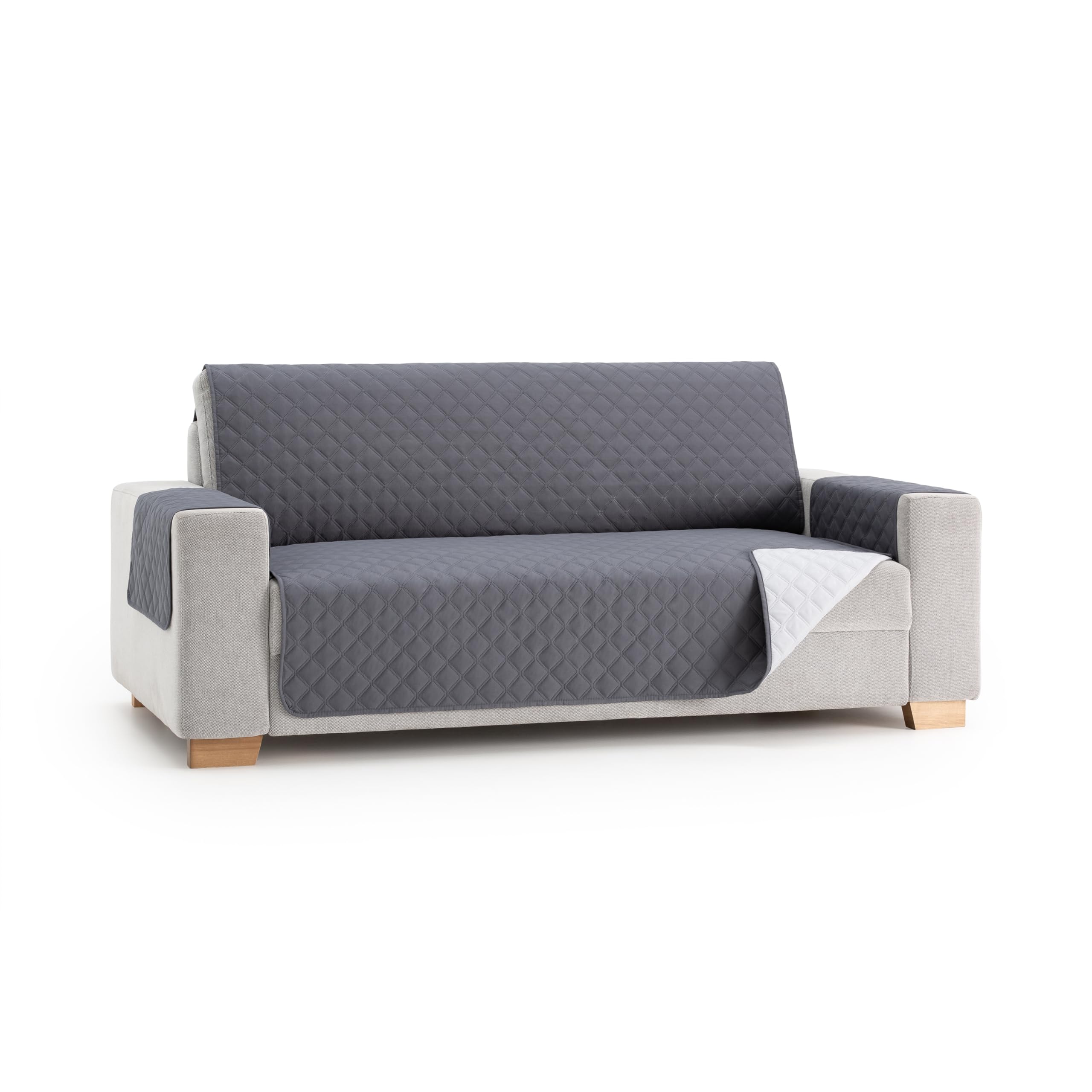 MAXIFUNDAS | Cubre Sofá Acolchado Reversible | 4 Plazas | Gris/Gris Claro | Cubre Protector Sofá con Tiras Elásticas de Sujeción | Modelo MAUI OEKO-TEX STANDARD 100