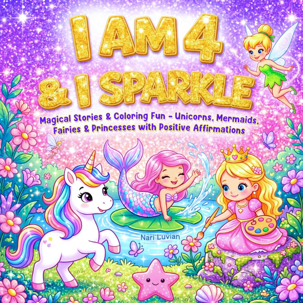 I am 4 and I Sparkle: A Magical Coloring & Story Book with Unicorns, Mermaids, Fairies & Princesses Full of Fun & Positive Affirmations| Perfect Holiday & Birthday Gift for 4 Year Old Girls