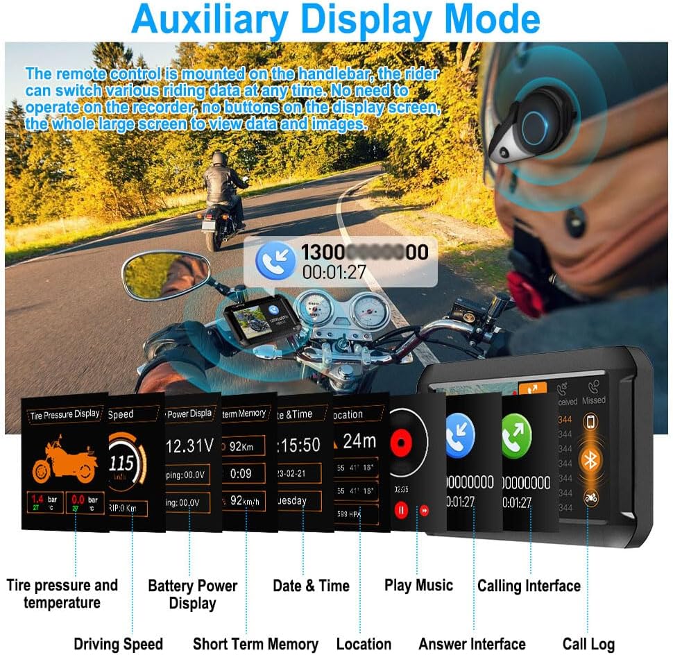 Motorcycle dash camera screen showing various data displays in Auxiliary Display Mode, including tire pressure, speed, battery, date, time, location, music, and call interfaces.