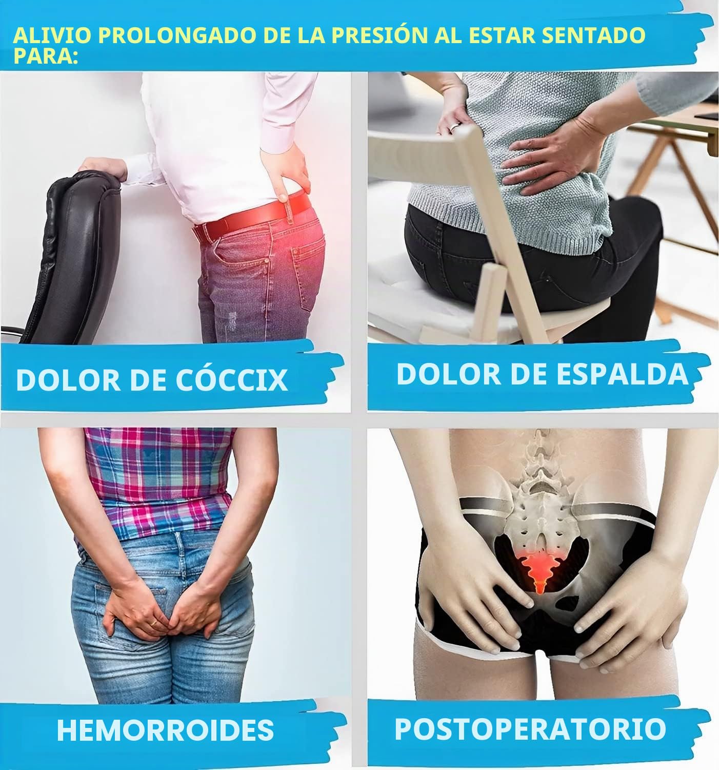 Surwin Cojín Antiescaras Cojín Silla Oficina, Cojín Lumbar para Adultos Alivio Dolor de Coxis Cojines, Cojin Antiescaras para Silla de Ruedas para Embarazo Postparto (1 Pieza,Cuadrado-Negro)