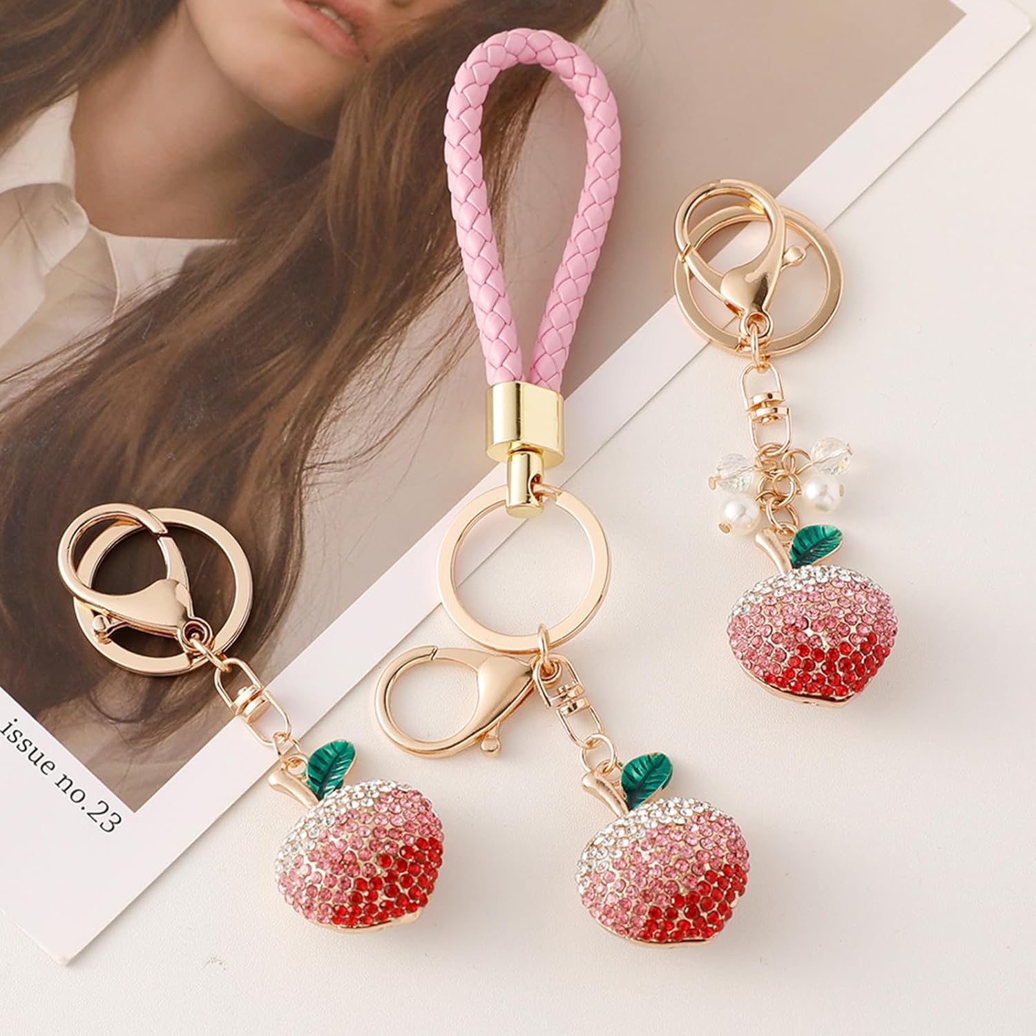 Cute Peach Keychain Purse Charms for Women Girls, Sweet Rhinestone Peach Bag Charms Keychain Wallet Purse Pendant - Image 2