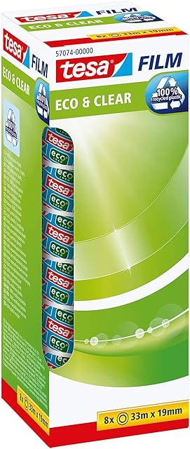 tesafilm eco & clear Transparent Self-Adhesive Tape - Environment-Friendly, Solvent Free, Age Resistant Office Tape with Strong Adhesion, 33 m x 19 mm - Pack of 8