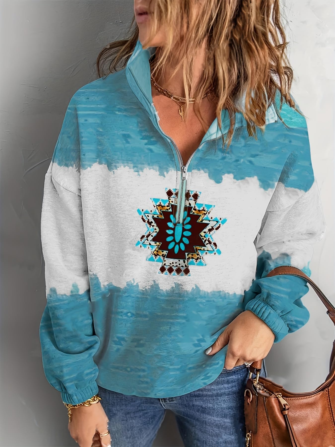 Womens Casual Long Sleeve Tops Boho Patchwork Print Half Zip V Neck Sweatshirt Casual Loose Pullover Knit Shirts Blouses