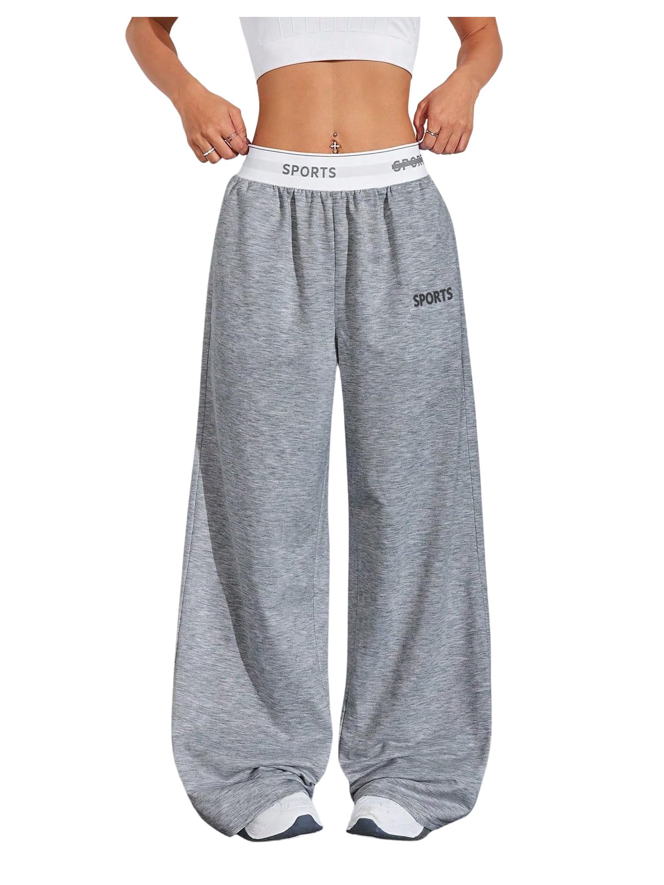 Verdusa Womens Letter Print Wide Leg Pants Casual Patchwork Workout Athletic Trousers with Pockets