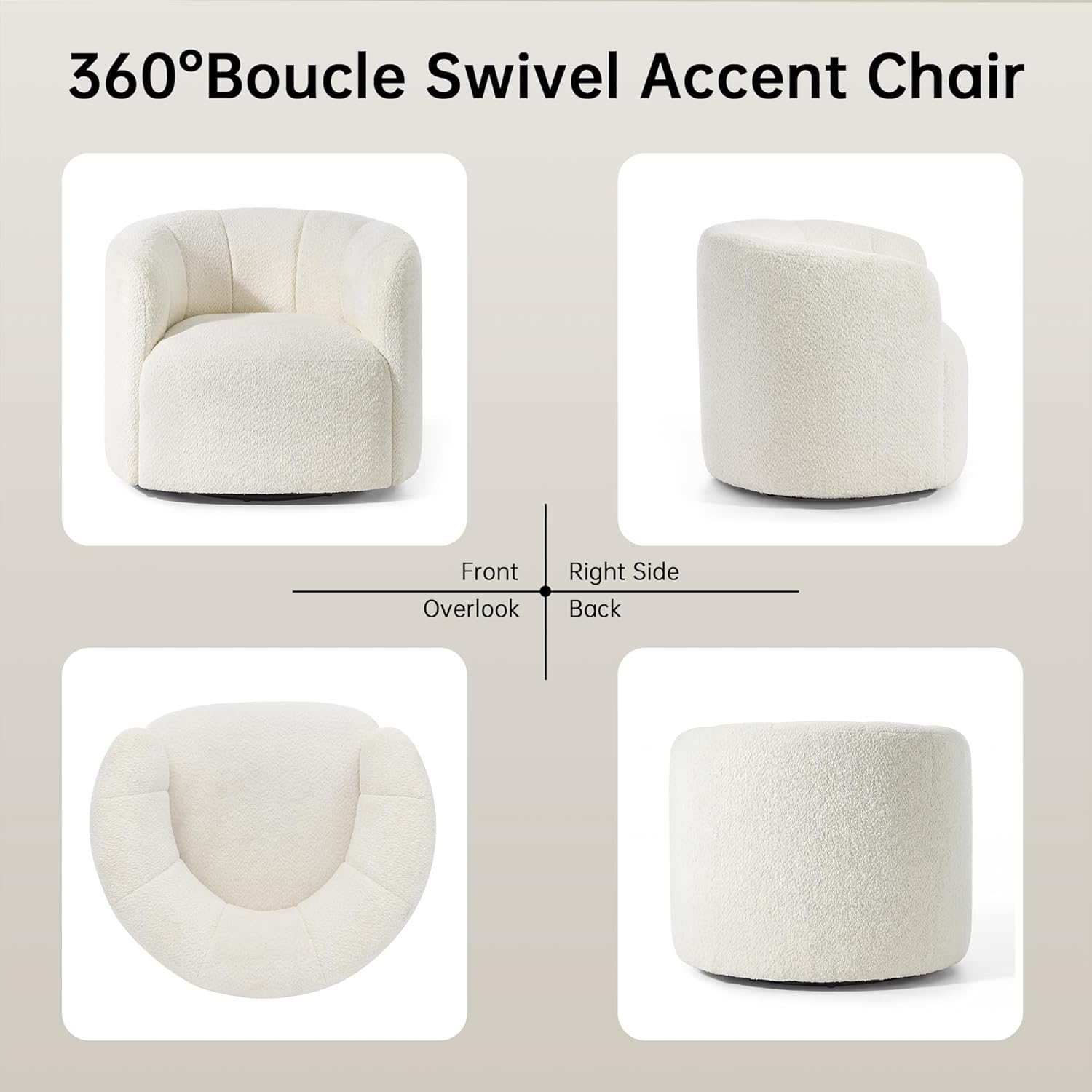 Swivel Accent Chair, No Assembly Required Upholstered Boucle Fabric Barrel Chair for Living Room, Beige