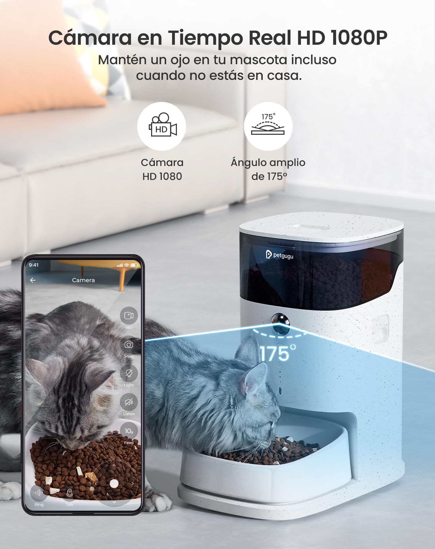 PETGUGU Comedero Gato Automático con App, Dispensador Comida Gatos Inteligente con Cámara y Voz, Temporizador y Cuencos Cerámicos