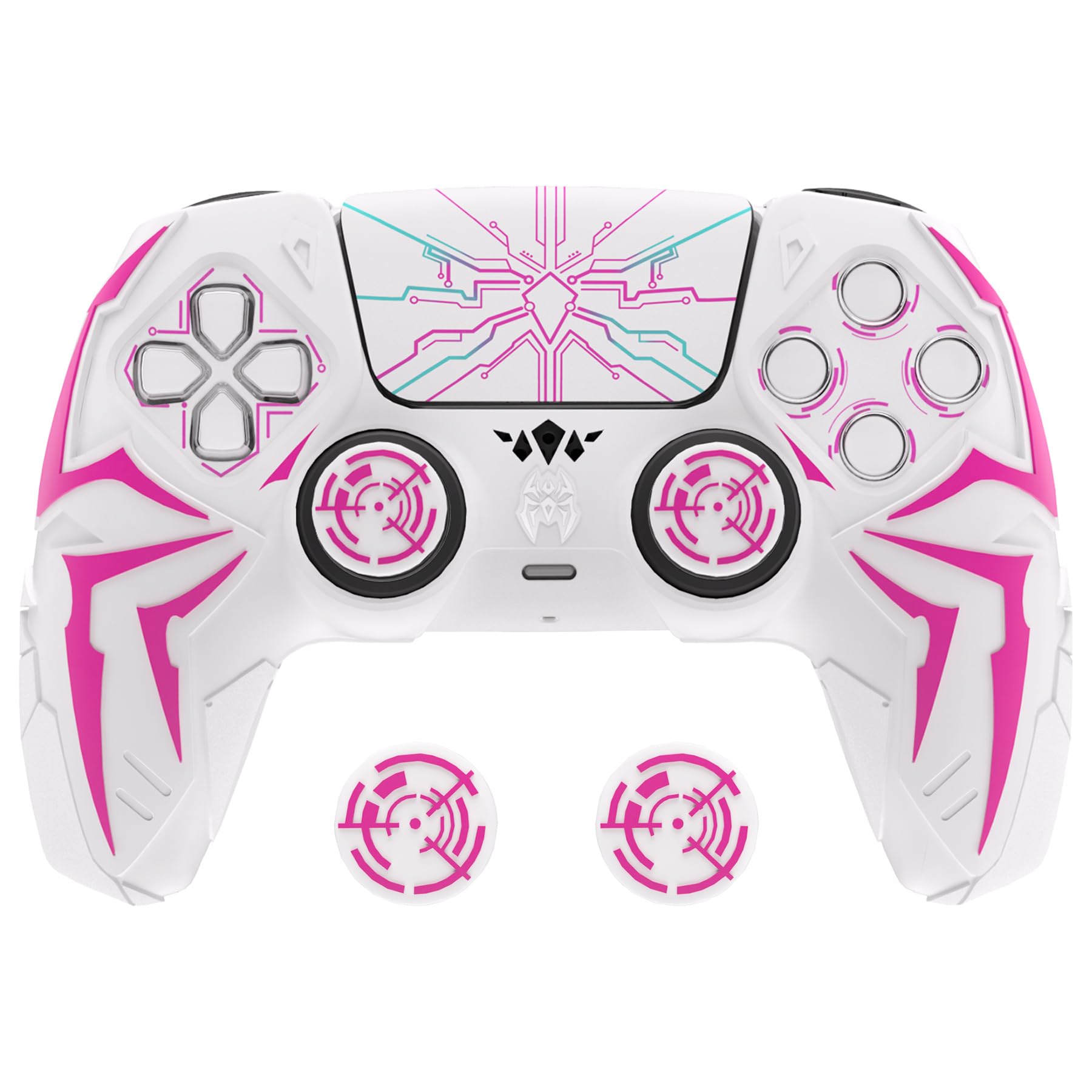 PlayVital Design for ps5 Controller Silicone Case with 2 Thumb Grips and 6 Sticker, Cyber Spider Design, Slip-resistant Shockproof Controller Cover Skin, Fits for Charging Dock, White & Pink