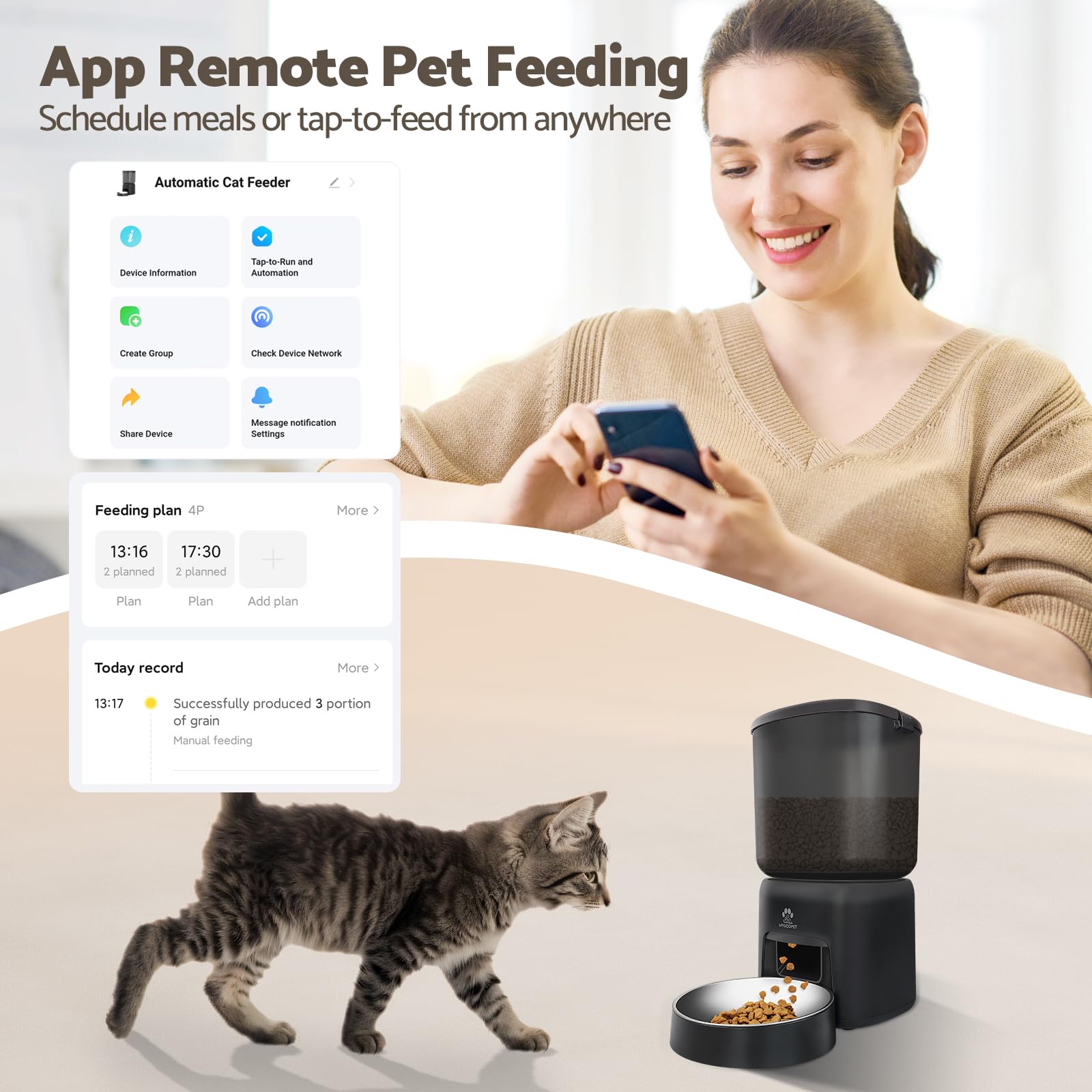 Automatic Cat Feeder, 5G WiFi Auto Cat Food Dispenser with Desiccant Bag, 5L Timed Pet Feeder with Free APP Service, Adjustable Portions Down to 1/12 Cup, Up to 10 Meals Per Day, Dual Power Supply - image 4