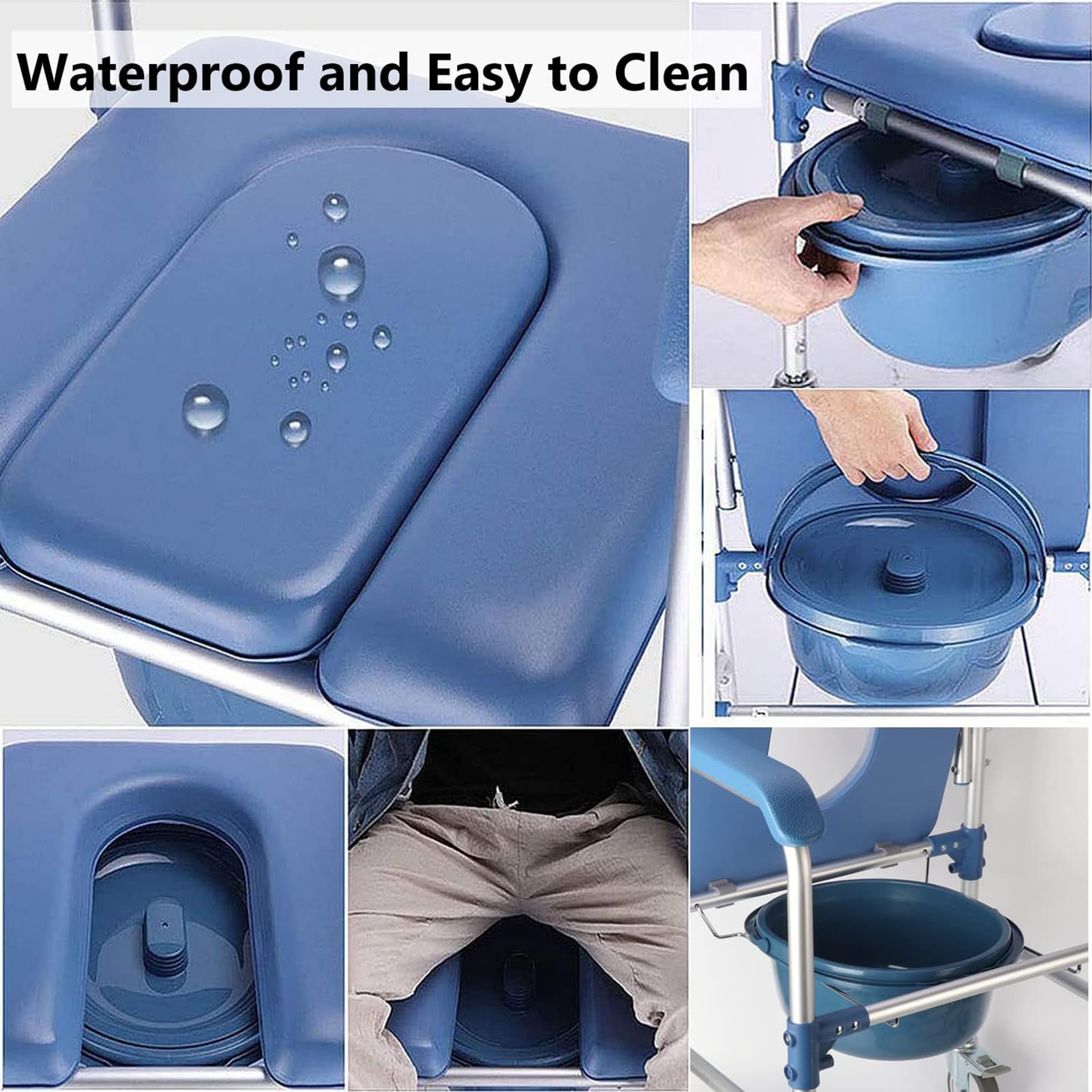 Silla de inodoro plegable portátil 3 en 1, silla de ruedas, cama plegable con bandeja y 4 ruedas con bloqueo(B)