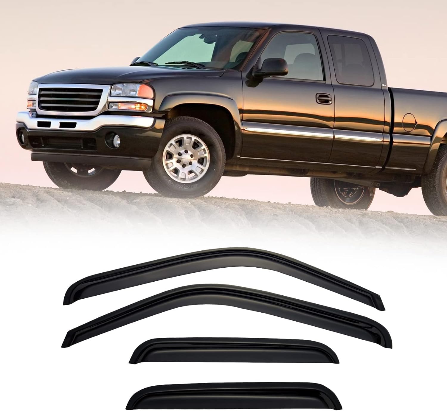 CMVT Auto Window Visors for 1999-2006 Chevy Silverado & GMC Sierra 1500/2500 / 3500 HD, Rain Guards Shields Vent Shade Deflector Dark Smoke 2007 Classic for Extended Cab, Tape-On, 4PCS