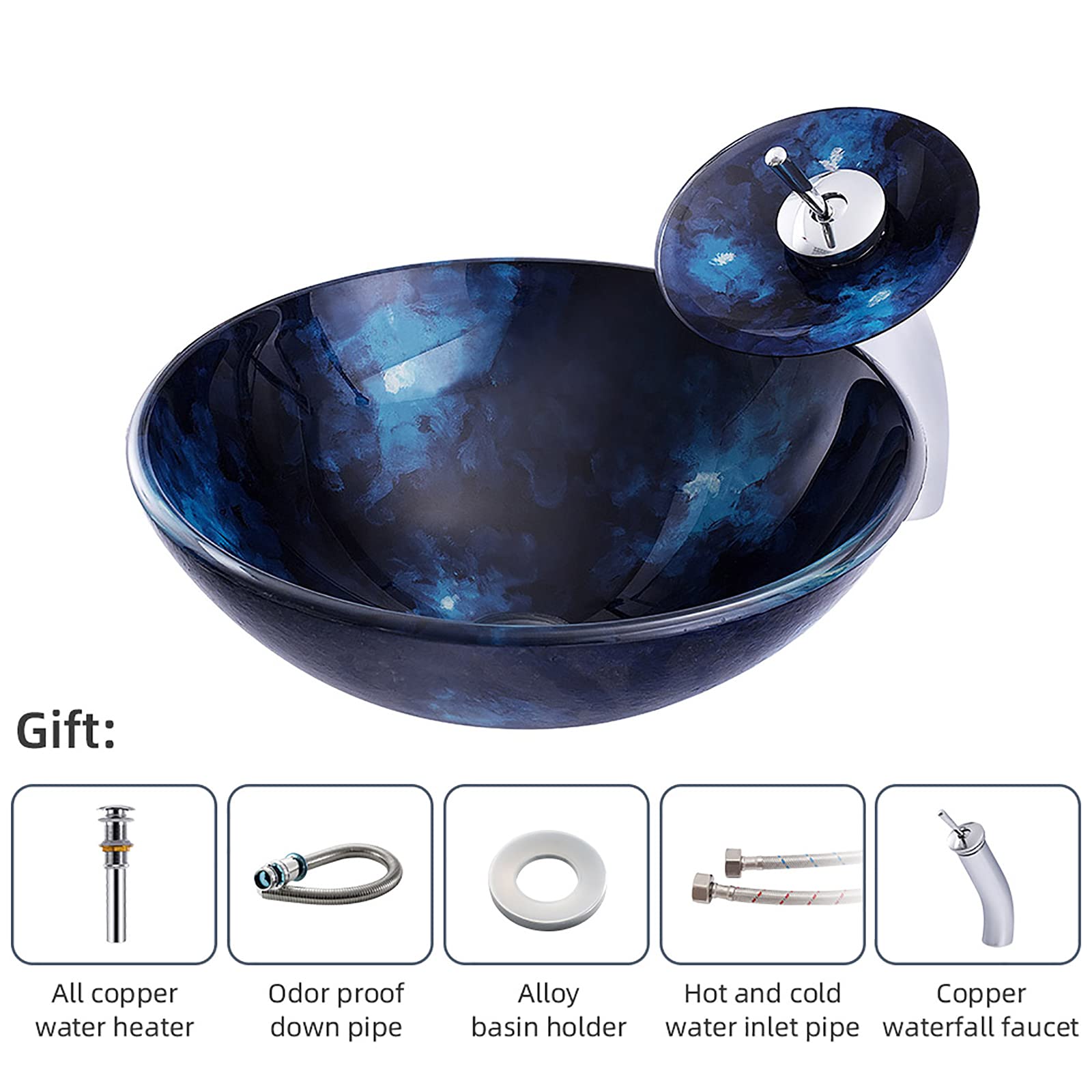 Lavabo de baño Lavabo de Recipiente de Vidrio Templado Lavabo Redondo Lavabo de encimera Lavabo de encimera Lavabo de Arte con Grifo de Cascada, desagüe emergente