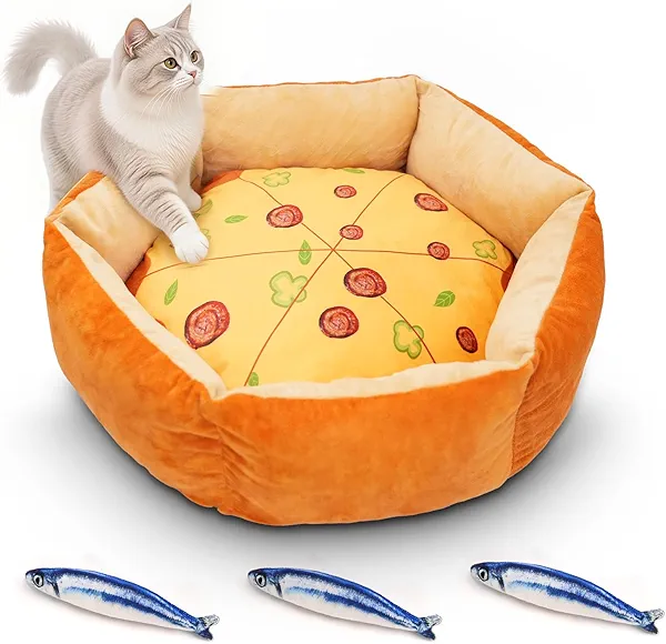 VIEFIN Cute Cat Beds Kitten Beds with Catnip Toys, Soft Small Dog Beds, Washable Pet Beds for Puppy and Kitty, Funny Pizza Shape, 20 Inch