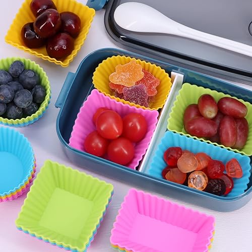 Miniatura 6 de Paquete de 24 moldes de silicona para magdalenas, moldes reutilizables para hornear, lonchera de 3 formas, divisores Bento, redondos, cuadrados y