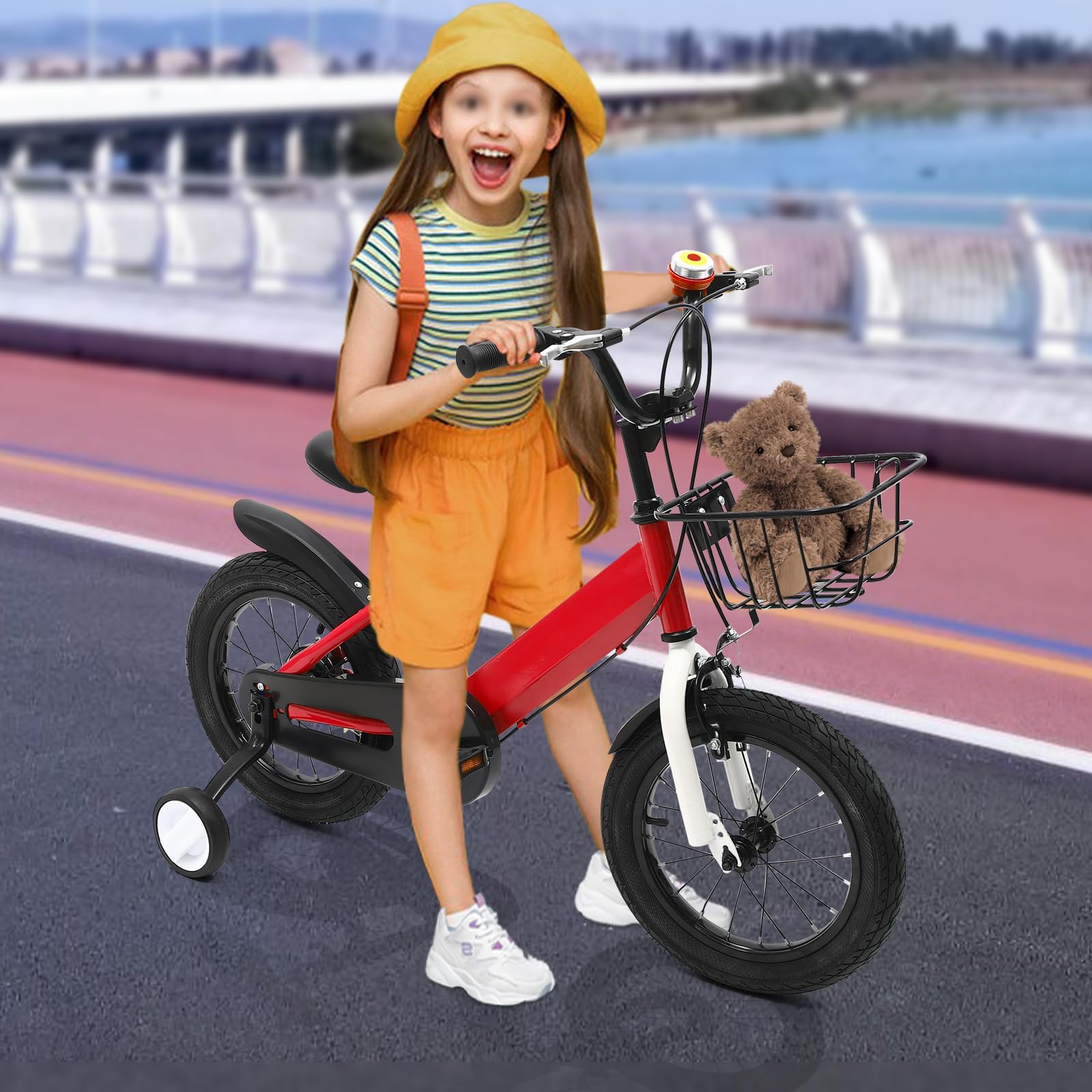 Vélo Enfant 14 Pouces, Velo Enfant avec Roues Stabilisatrices et Panier pour 3 à 5 Ans garçon et Fille, Guidon et siège réglables en Hauteur