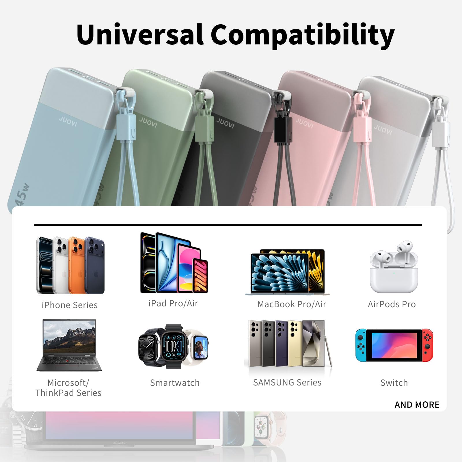 JUOVI 45W Power Bank szybkie ładowanie 20000mAh z odłączalnym kablem USB C | Portable Charger Battery Pack z wyświetlaczem LED, Powerbank Portable Phone Charger dla iPhone 17 16 Pro Samsung S26 S25