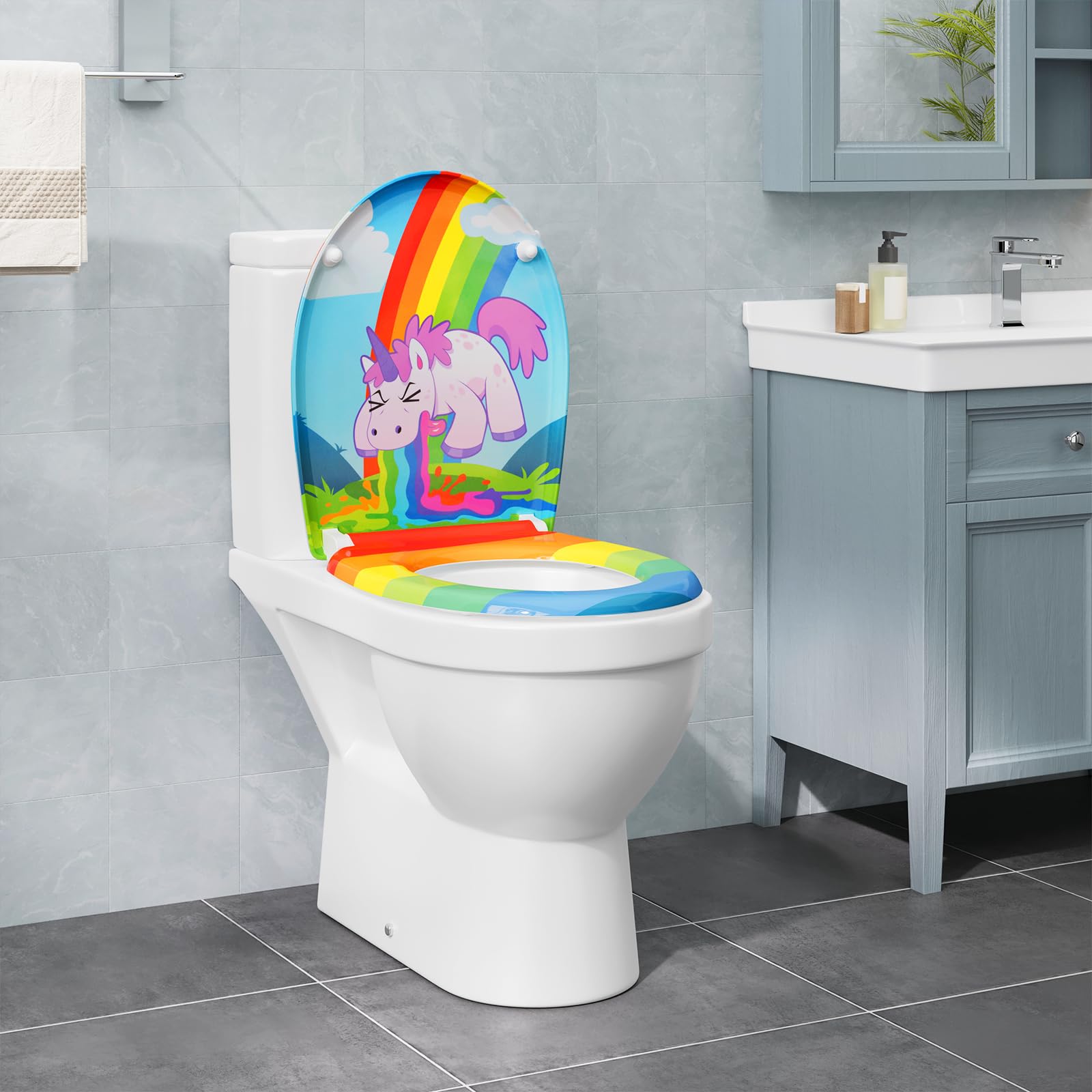 eSituro Toilettendeckel, WC Sitz mit Absenkautomatik, Klodeckel mit Schnellverschluss, 360° verstellbaren Scharnieren, Klobrille aus Duroplast, Regenbogen- und Einhorndruck