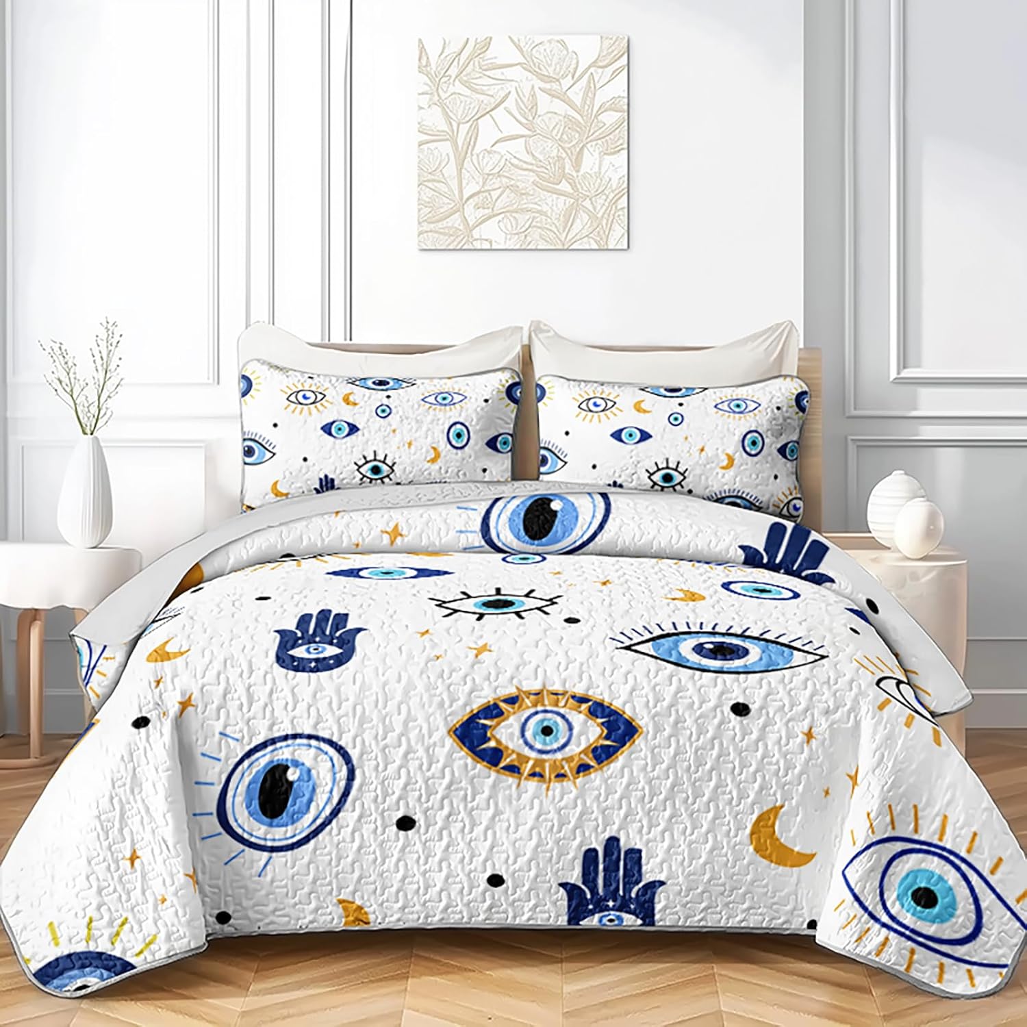 AILONEN Evil Eye Quilted Bedspread Set for Kids Girl,Modern Eye Bedding Bedspread Coverlet Set with 2 Pillowcase Full Size,Beautiful Boho Style All Season Bed Cover,Soft Lightweight,3-Piece