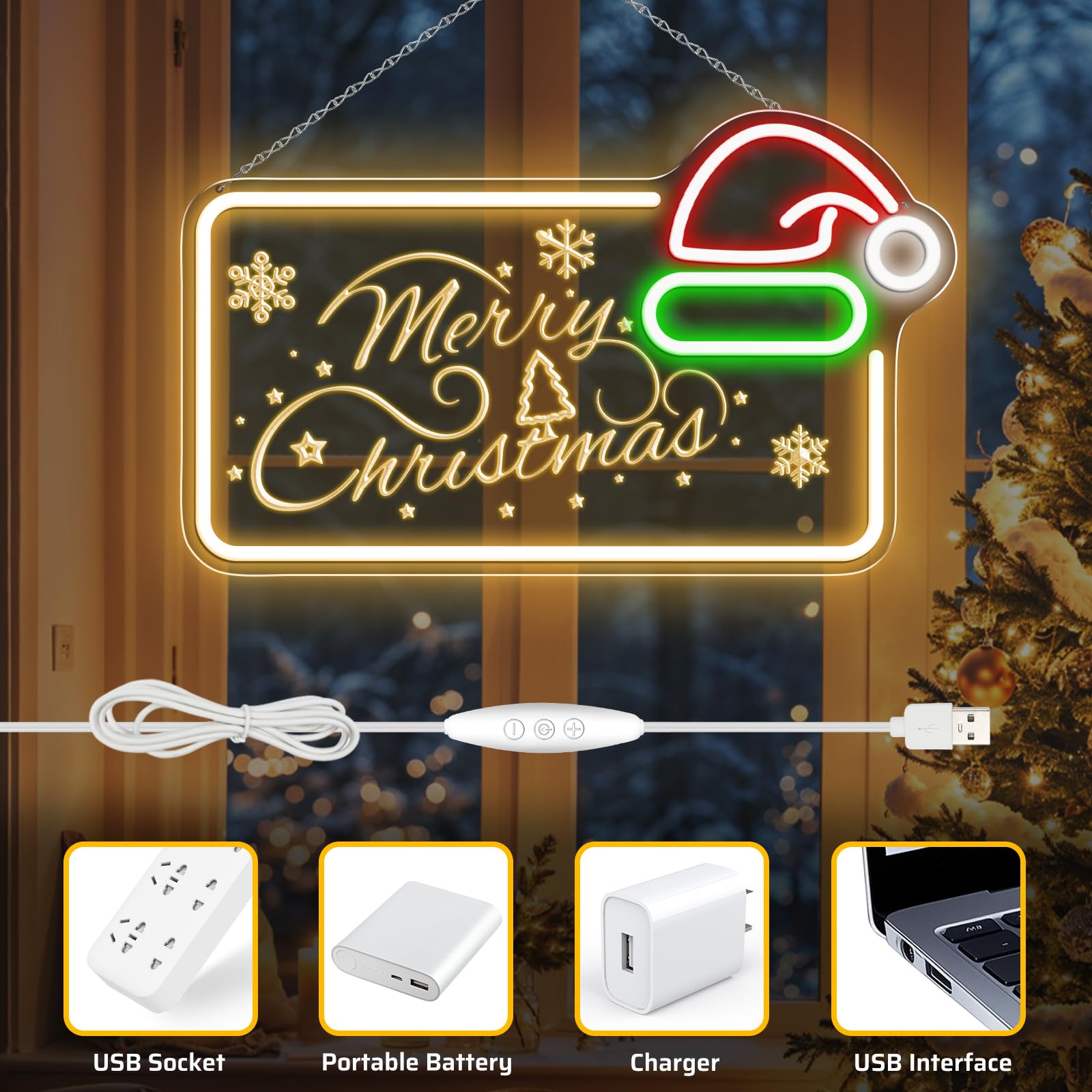 Letrero de neón LED de Feliz Navidad de 16.5 x 10 pulgadas, decoración de pared con luz LED regulable con sombrero de Papá Noel, decoración de pared alimentada por USB para el hogar, habitación de los