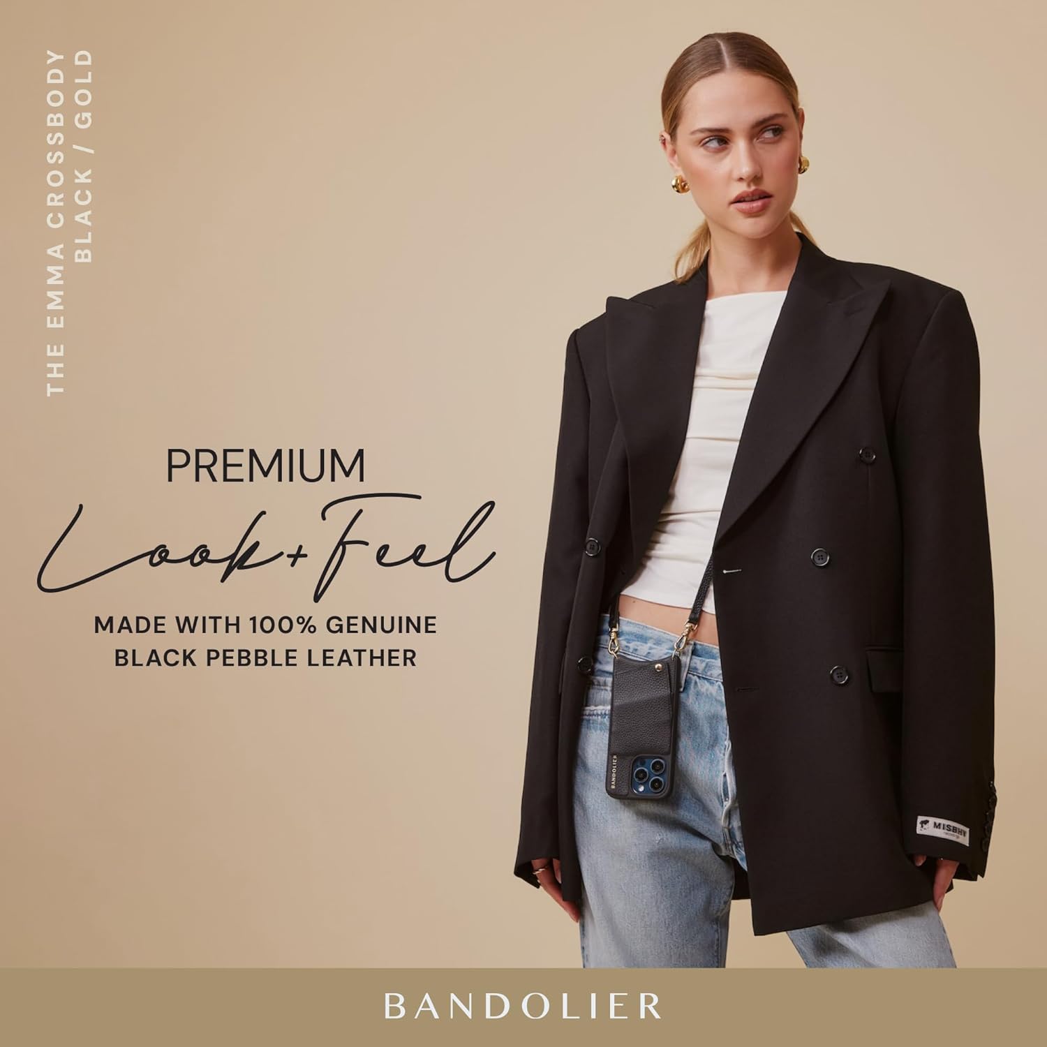 Bandolier Emma Crossbody Wallet Phone Case for iPhone 15 Pro Max. 100% Genuine Pebble Leather. Adjustable & Removable Crossbody Strap. Card Holder with Snap Closure. Black with Gold Hardware - Image 5