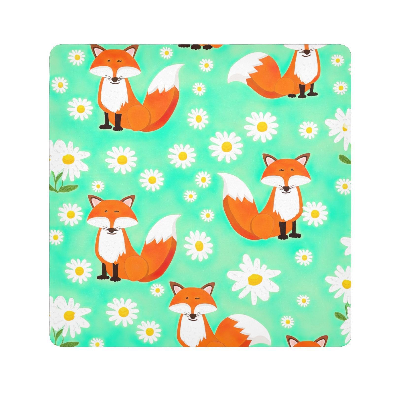 ODAWA Cute Cartoon Foxes Daisies Green Self-Adhesive Cloths 13.8X13.8 Inch Makeup Wrap Cloth Bag Magic Self-Adhesive Cloths for Camera, Lens, Laptop