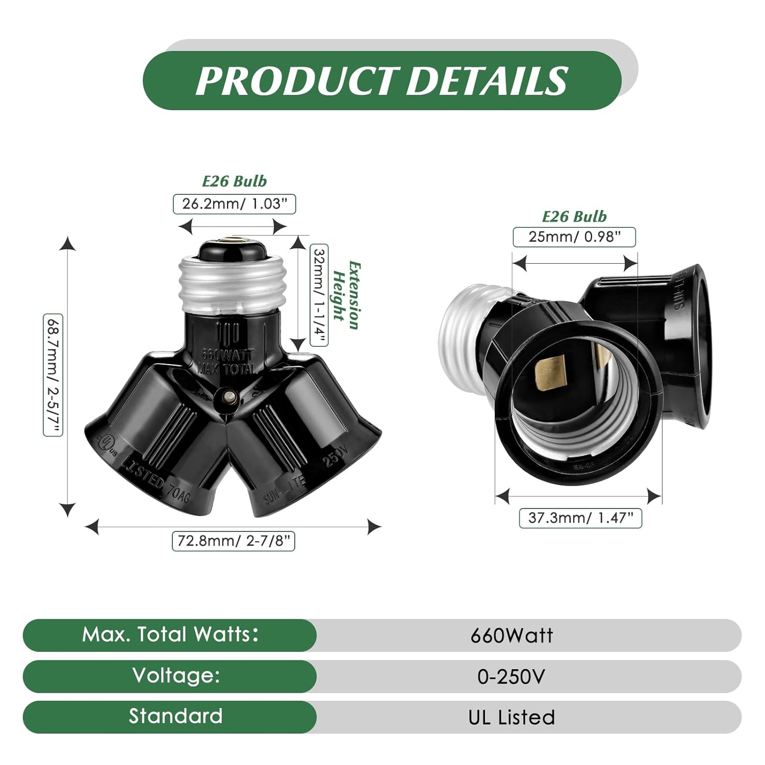 Double Light Socket Adapter, Dual Light Bulb Splitter, Twin Bulb Holder Converter, Add Extra Lamp in Garage Increase Camera in A Socket. UL Listed (Black, 2)