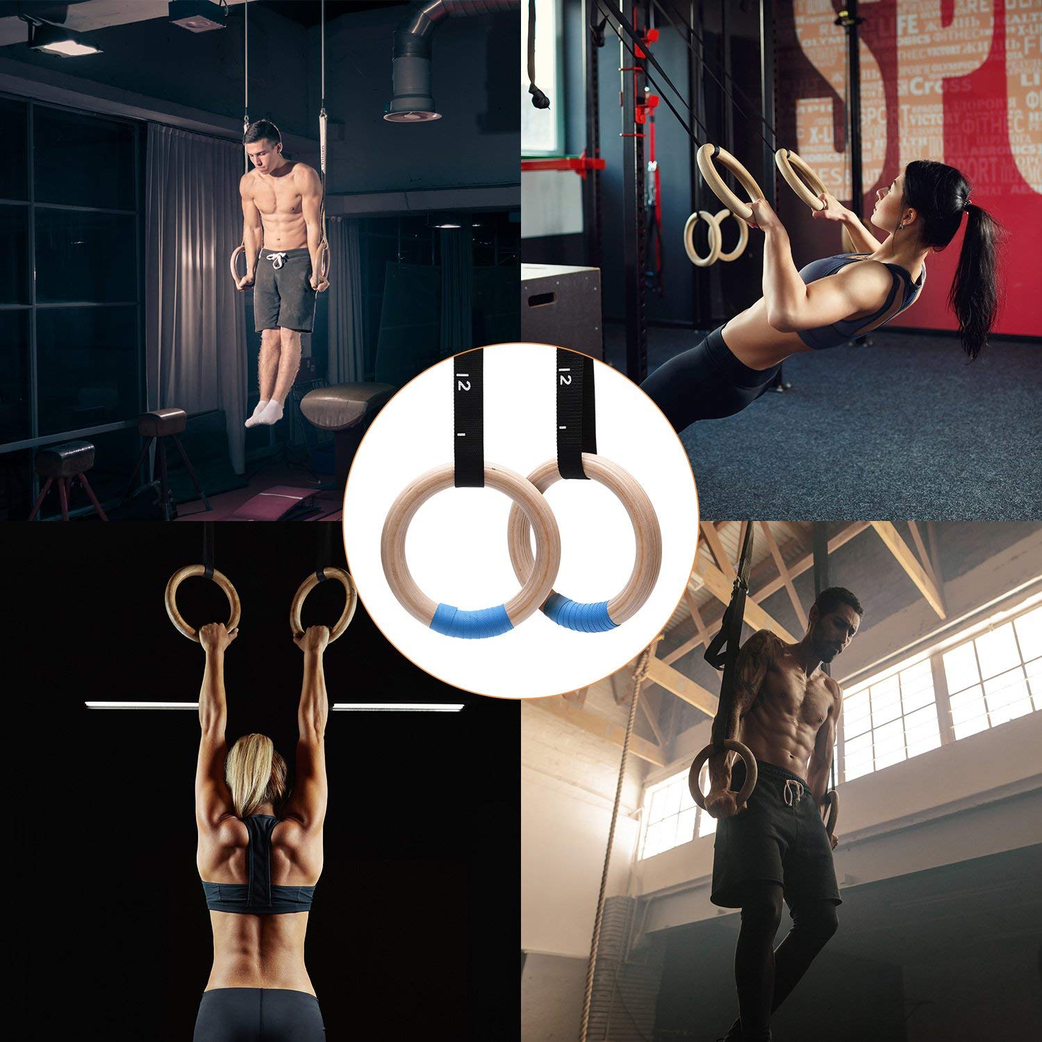 Anelli Ginnastica Anelli da Ginnastica Anelli Olimpici in Legno 1500/1000 libbre con Fibbia a camma Regolabile Cinghie Lunghe 14,76 Piedi Anelli da Palestra Antiscivolo