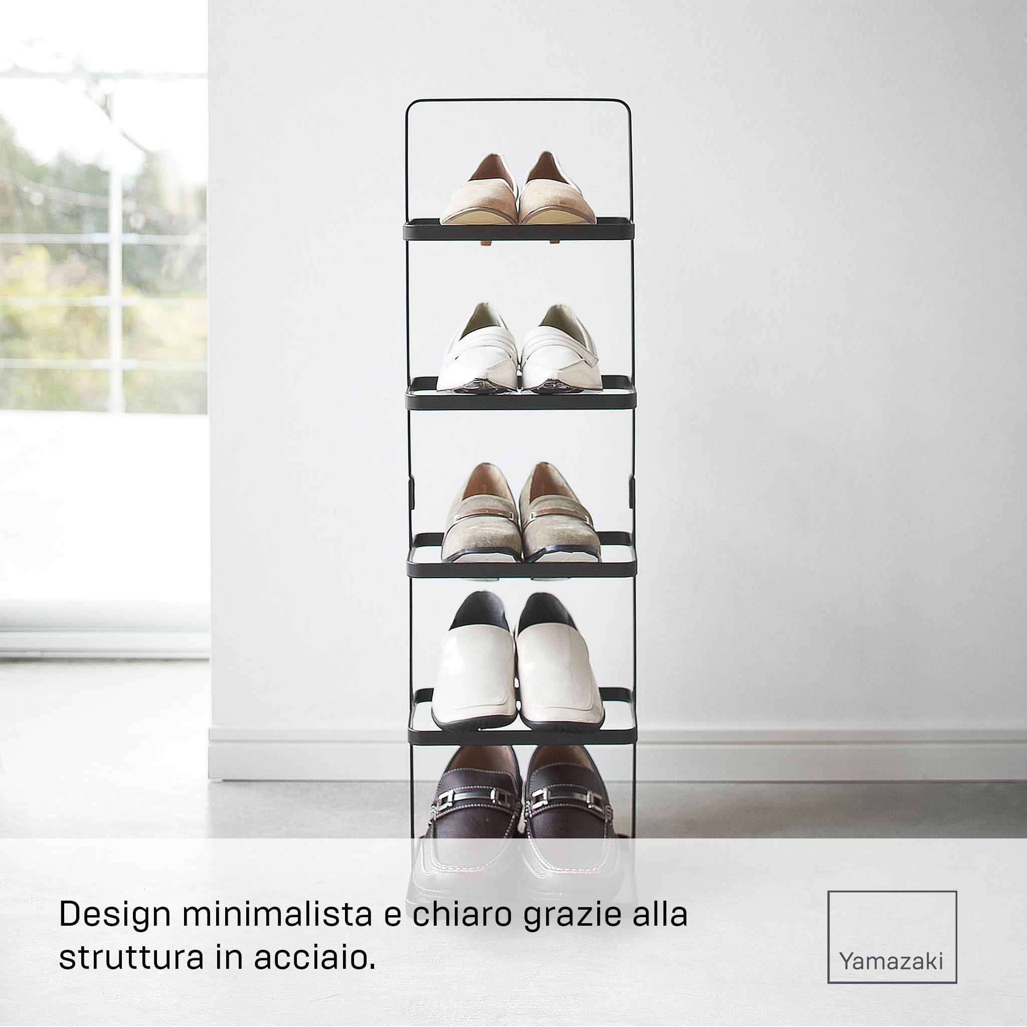 YAMAZAKI 2479 TOWER Scarpiera alta, nero, acciaio, design minimalista, 22 x 18 x 77,5 cm (LxPxA)