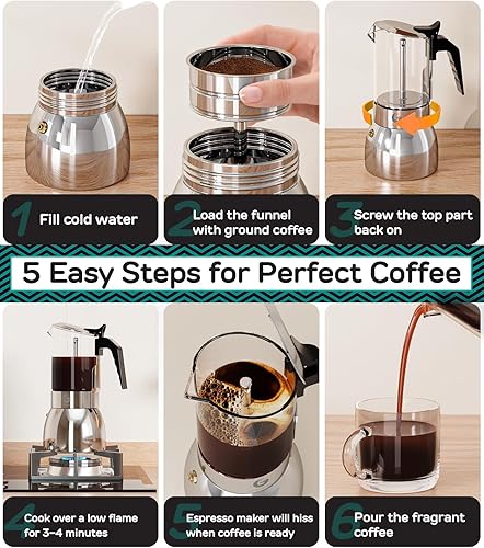 Miniatura 7 de Coffee Gator Olla Moka de 9 tazas, cafetera espresso de 15 onzas para café italiano, vidrio transparente y diseño de acero inoxidable, plata, 15.2