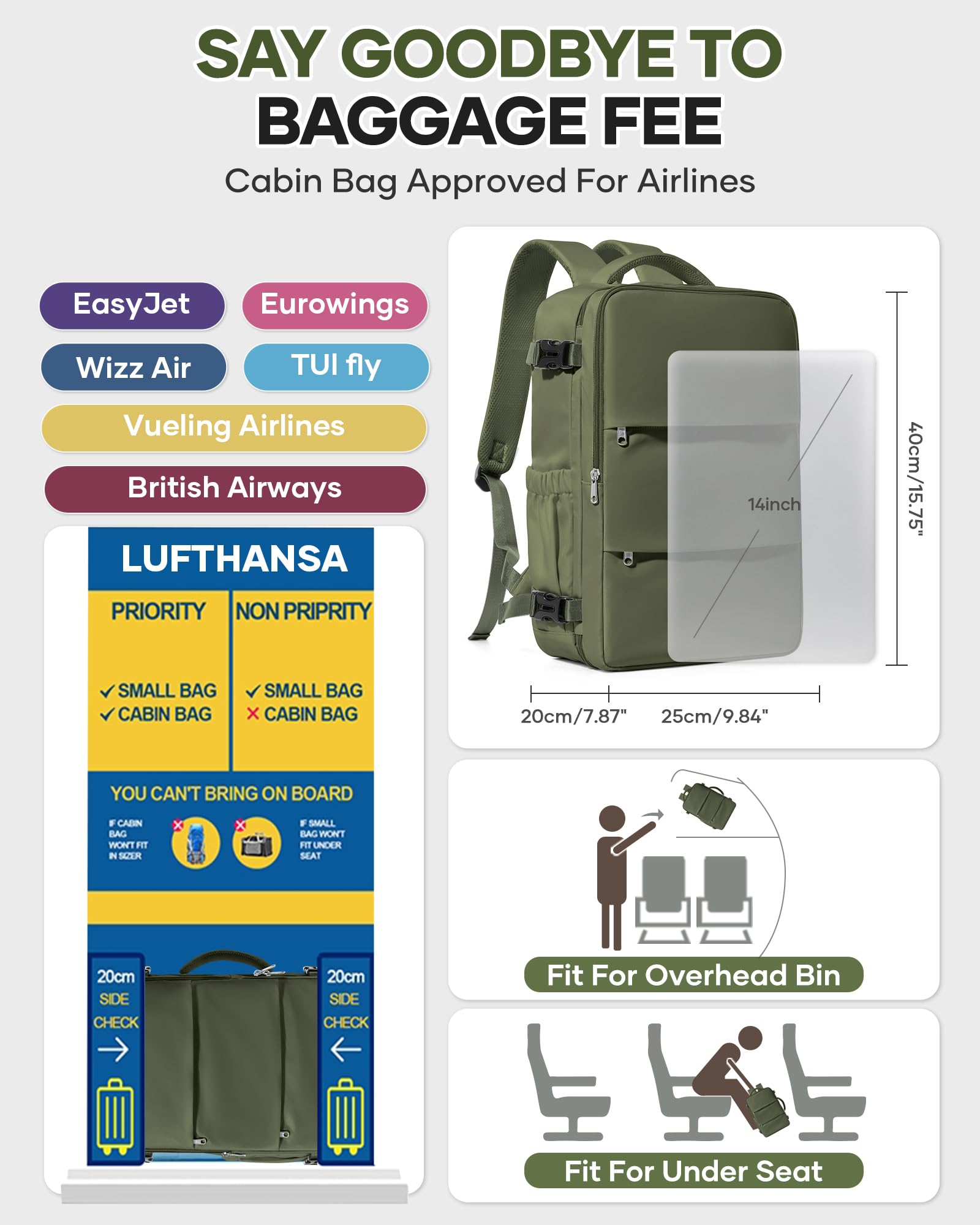 BJLFS Borse da Cabina per Ryanair 40x30x20 Zaino sottovuoto da viaggio 40x20x25 Bagaglio a Mano con compressione sottovuoto,Zaino Easyjet 45x36x20,Zaini Casual per laptop da 14 pollici per scuola
