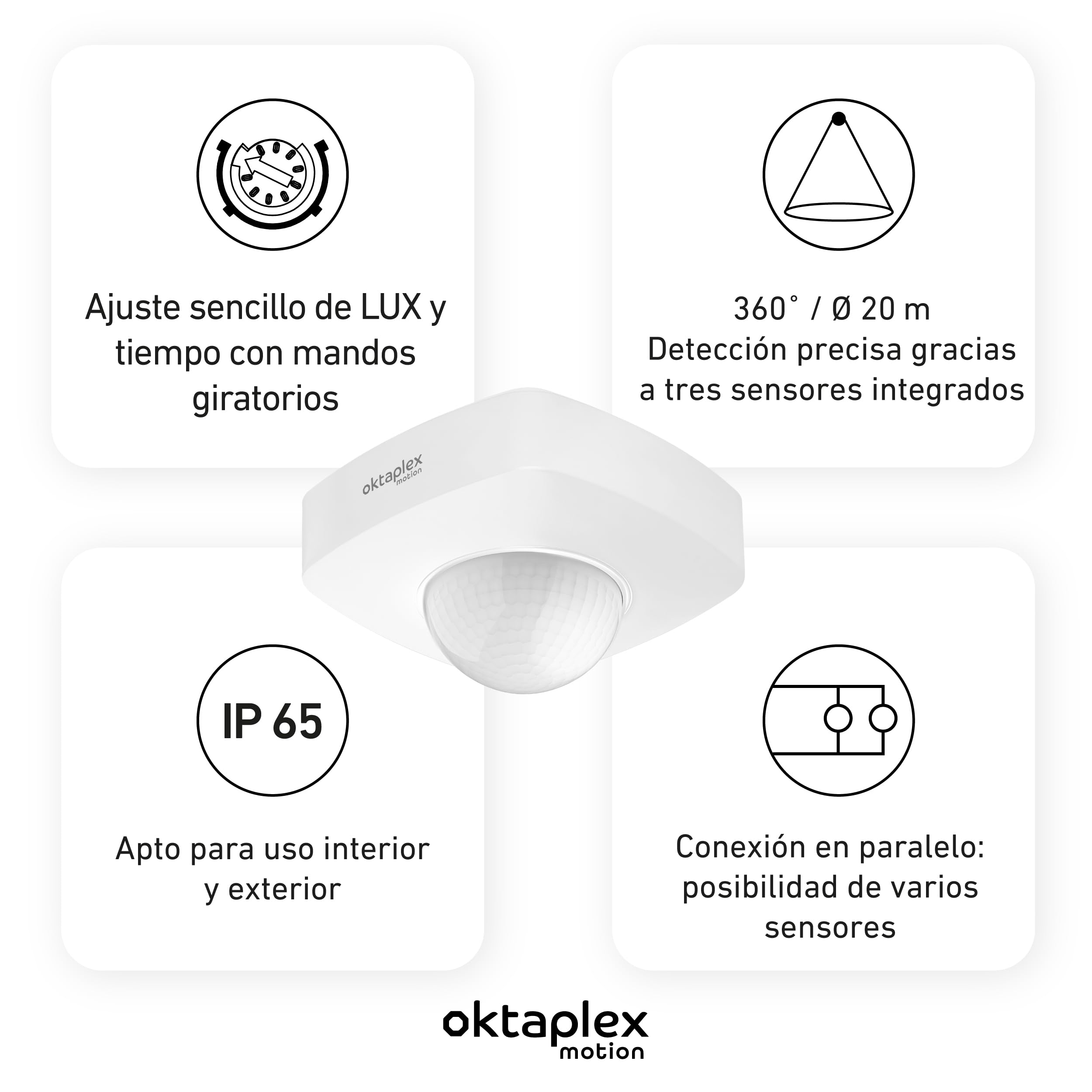 Oktaplex 2er Set Tim Detector de Presencia 360 Grados Detector de Movimiento para Exterior IP65 Sensor de Movimiento PIR Blanco 230V Sensor de Movimiento