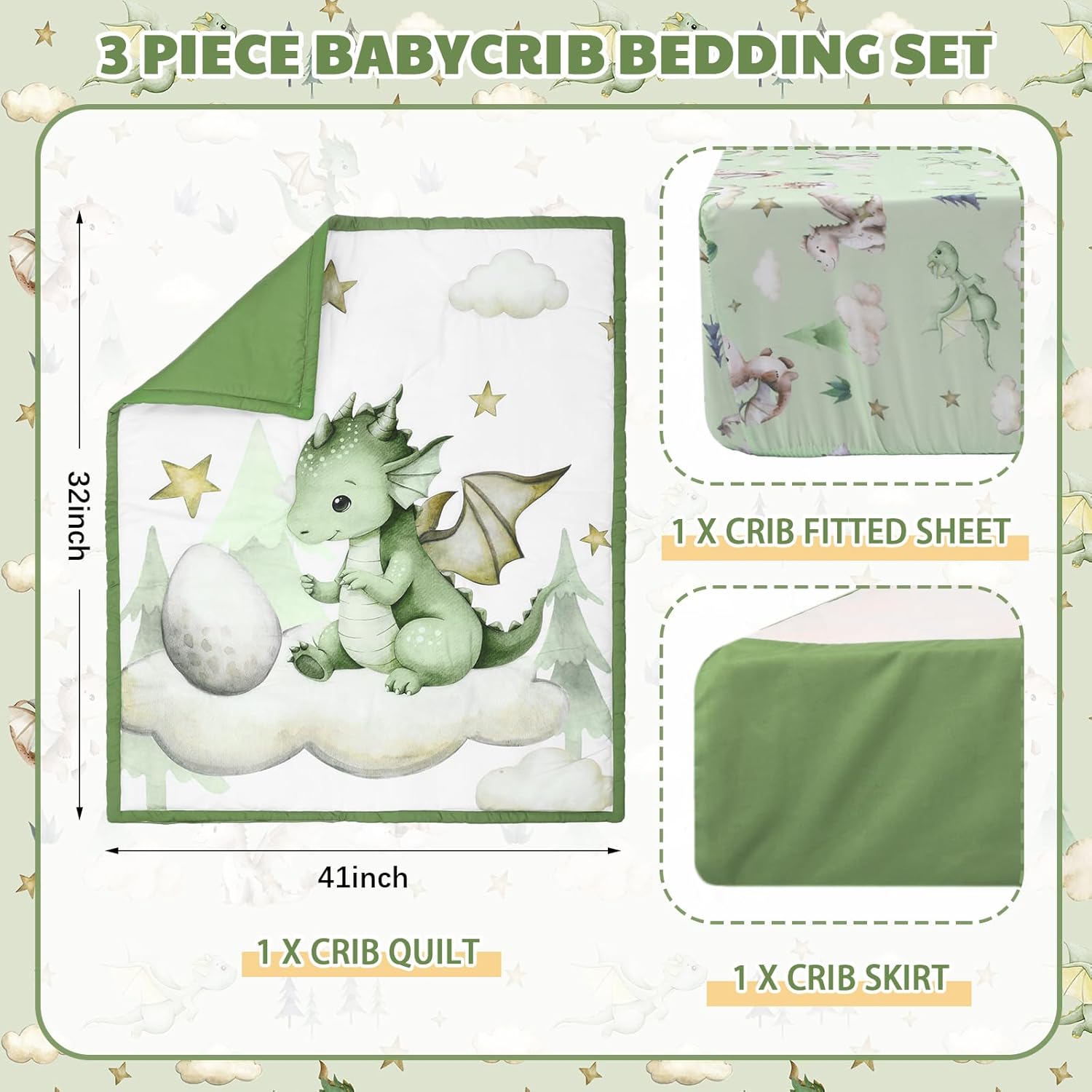 Peryiter 3 Pcs Watercolor Dragon Crib Sheet Set Baby Crib Bedding Set Includes 52"x28" Fitted Sheet, Quilt, Bed Skirt for Newborn Boy Girl Cute Nursery Newborn Sheets Decor