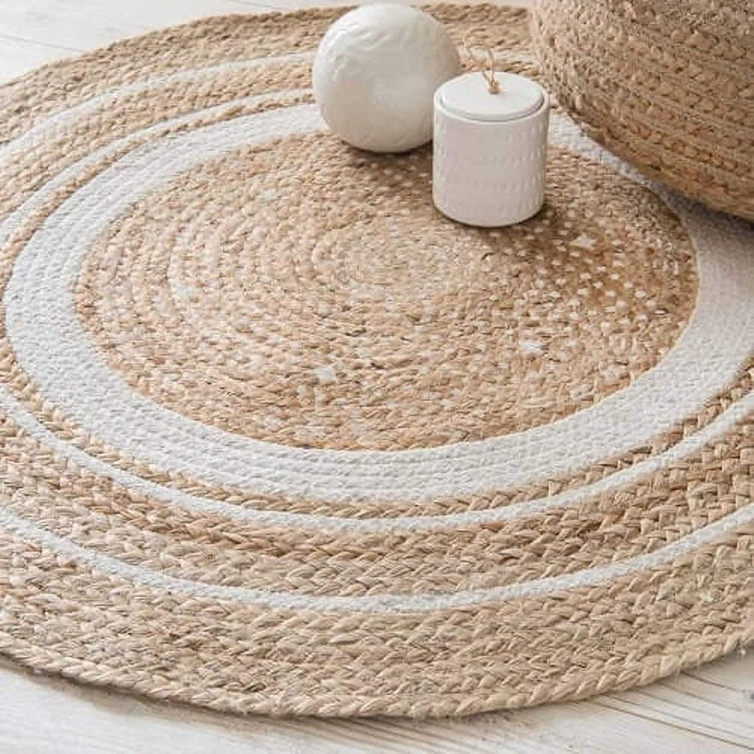 LINGWEI Jute Rug Carpet Floor Mat Round Shape with White Line Jute Carpet Hand Woven Natural Jute Rug Hand Braided Round Jute Carpet Doormat Natural Jute Floor Mat For Home Office (100x100cm)