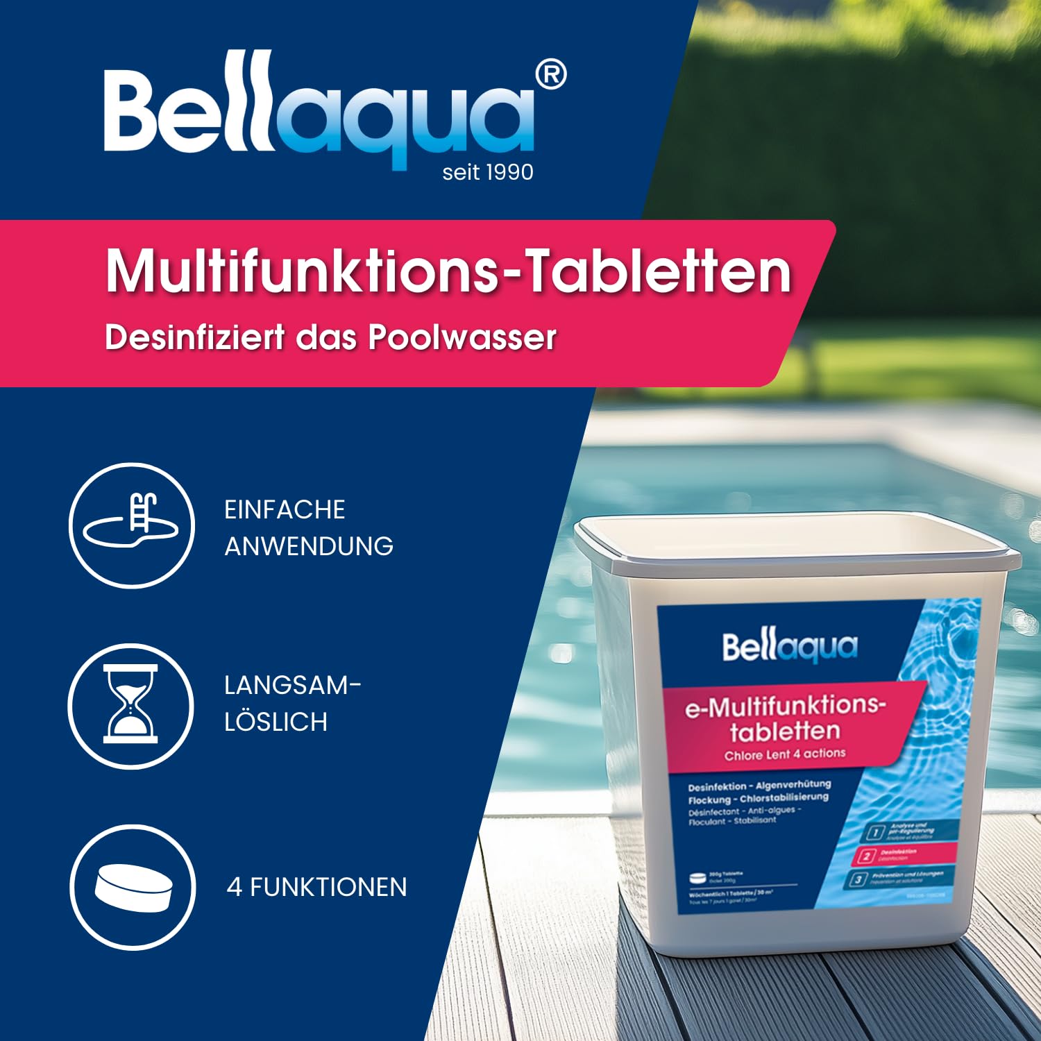 Bellaqua e-Chlor-Multifunktionstabletten 5kg - 200g Chlortabletten für Pool - Multitabs für Desinfektion, Algenverhütung, Flockung, Chlorstabilisierung - Pool Chlor