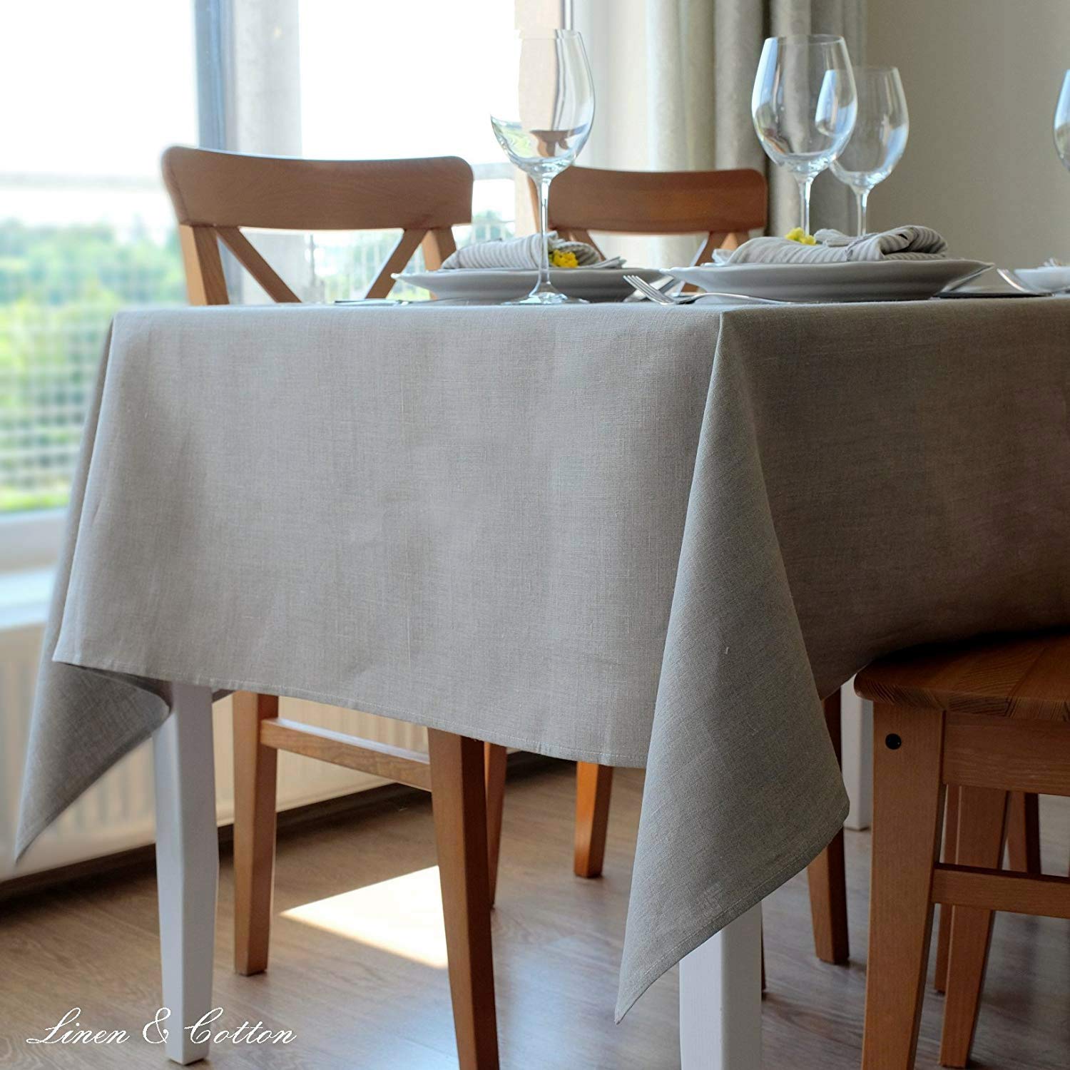 Linen & Cotton - Mantel Anabella Muy Elegante de Tela, 100% Lino (147cm x 200cm, Beige)