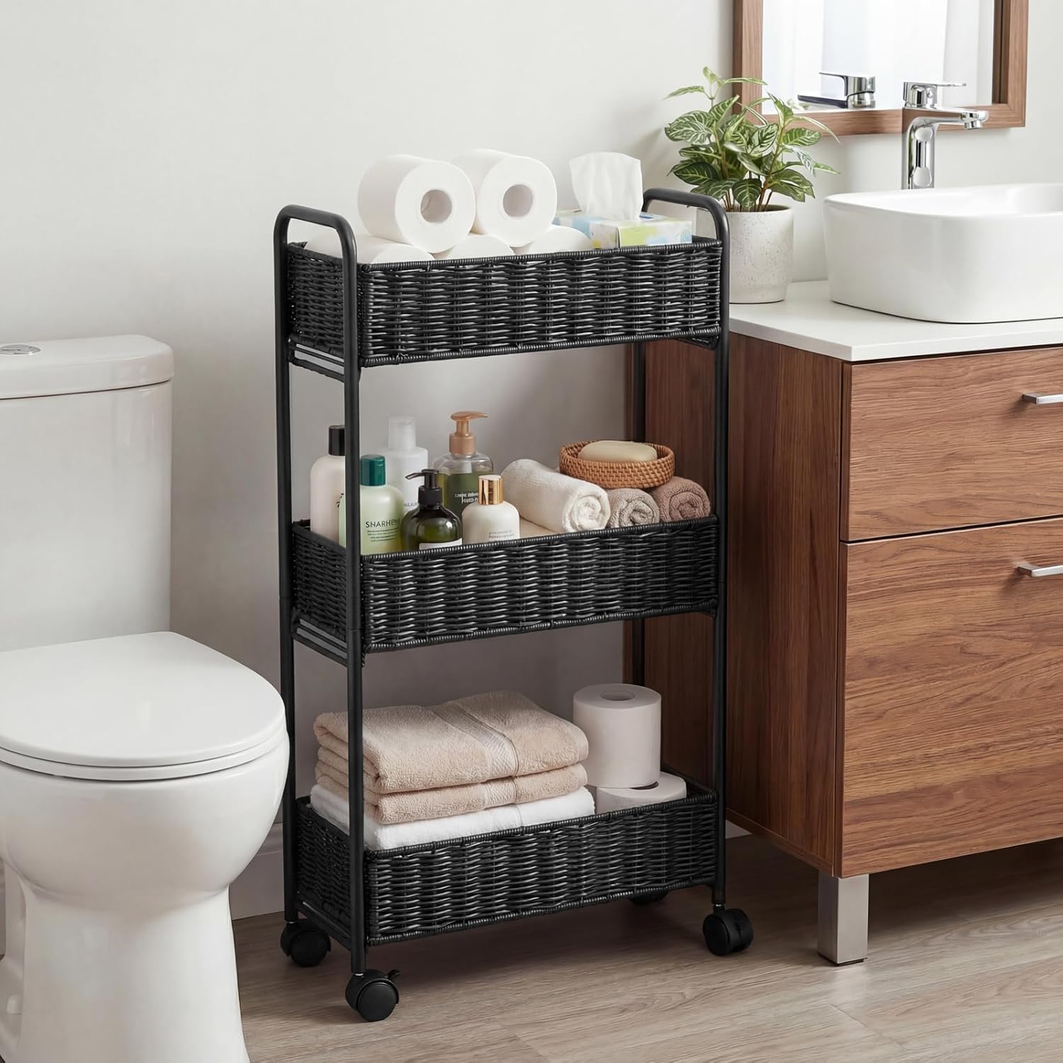 FOCHIER F 3-Tier Utility Slim Storage Cart, Rolling Kitchen Office Laundry Room Cart, Shelving Unit Organizer for Living Room,Home Office & Narrow Places