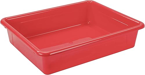 Storex Bandeja de almacenamiento plana tamaño carta, contenedor organizador con tapa sin broches para aula, oficina y hogar, rojo, paquete de 5