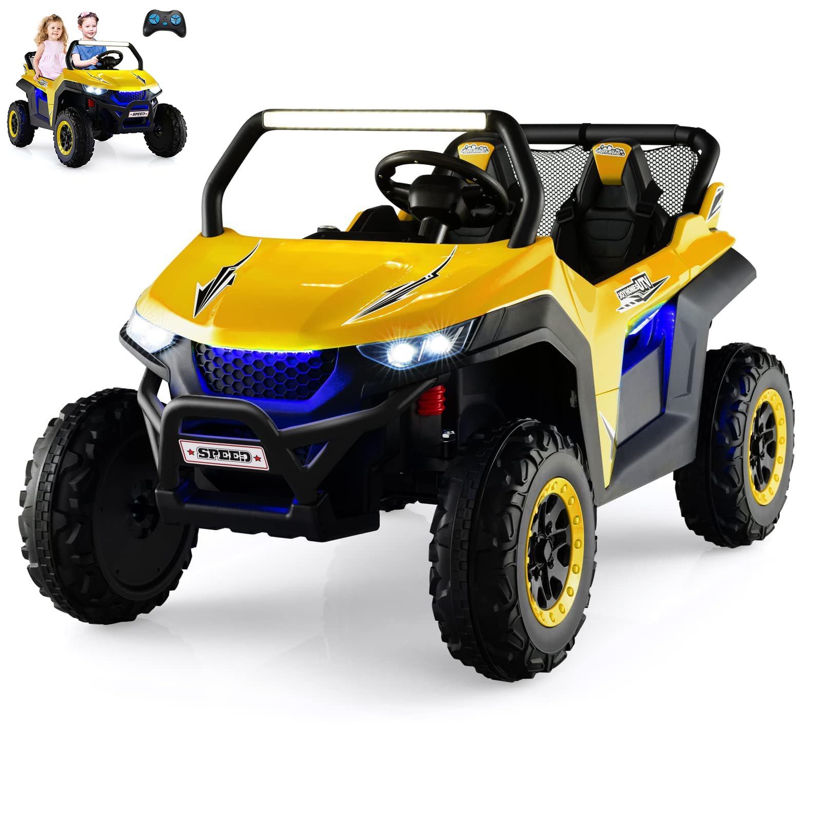 RELAX4LIFE Auto Elettrico per Bambini 12V, Macchina Elettrica 2 Posti con Luci Suoni, Ideale per Bambini 3-8 Anni, Capacità 60 kg (Giallo)