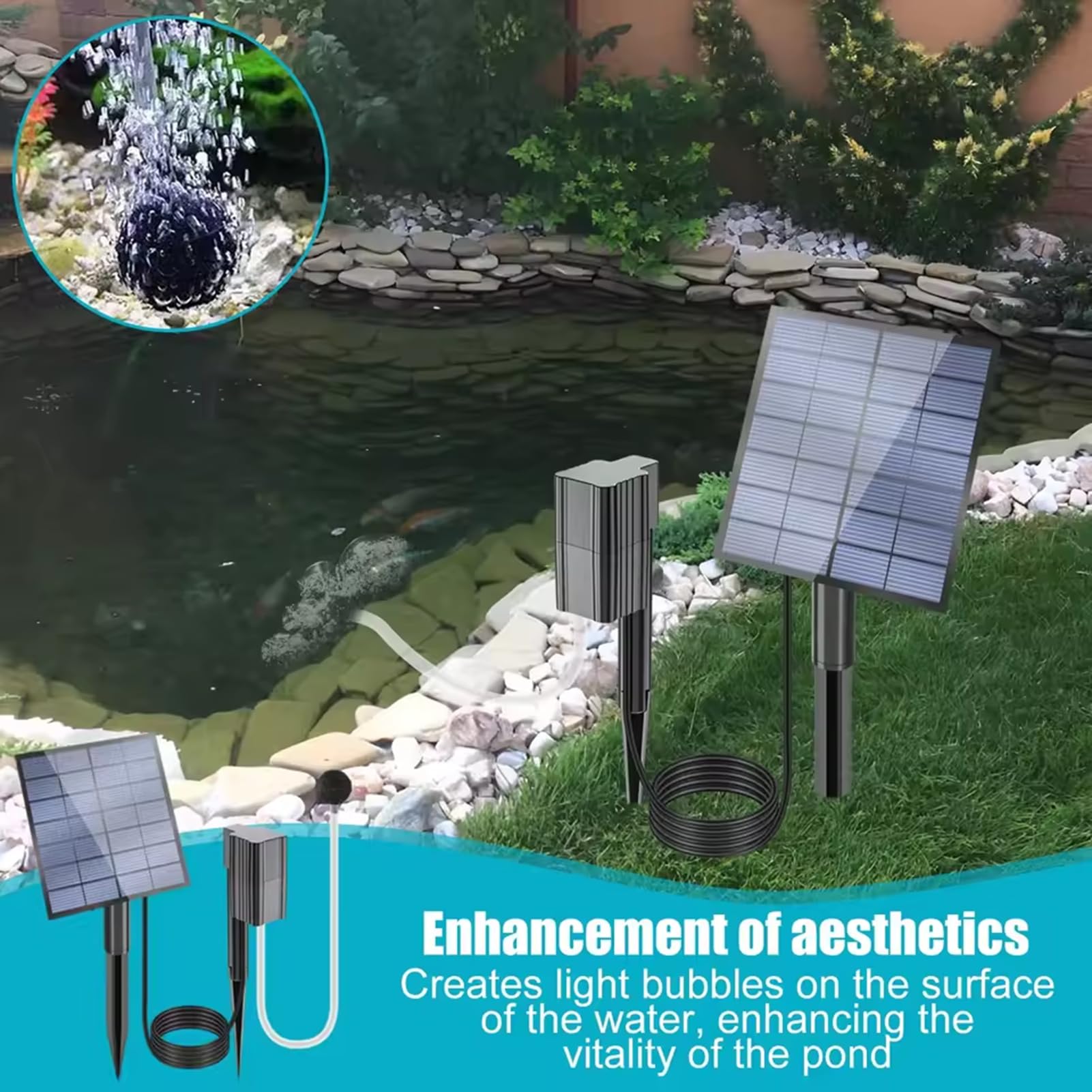 Solar Pond Aerator with Air Pump, 2.5W Solar Teichbelüfter mit Luftpumpe, Luftstein & Schlauch, Solar Sauerstoffpumpe Teich, Leise Teichbelüfter Aquarium, Sauerstoff Luftpumpe für Gartenteich, Angeln