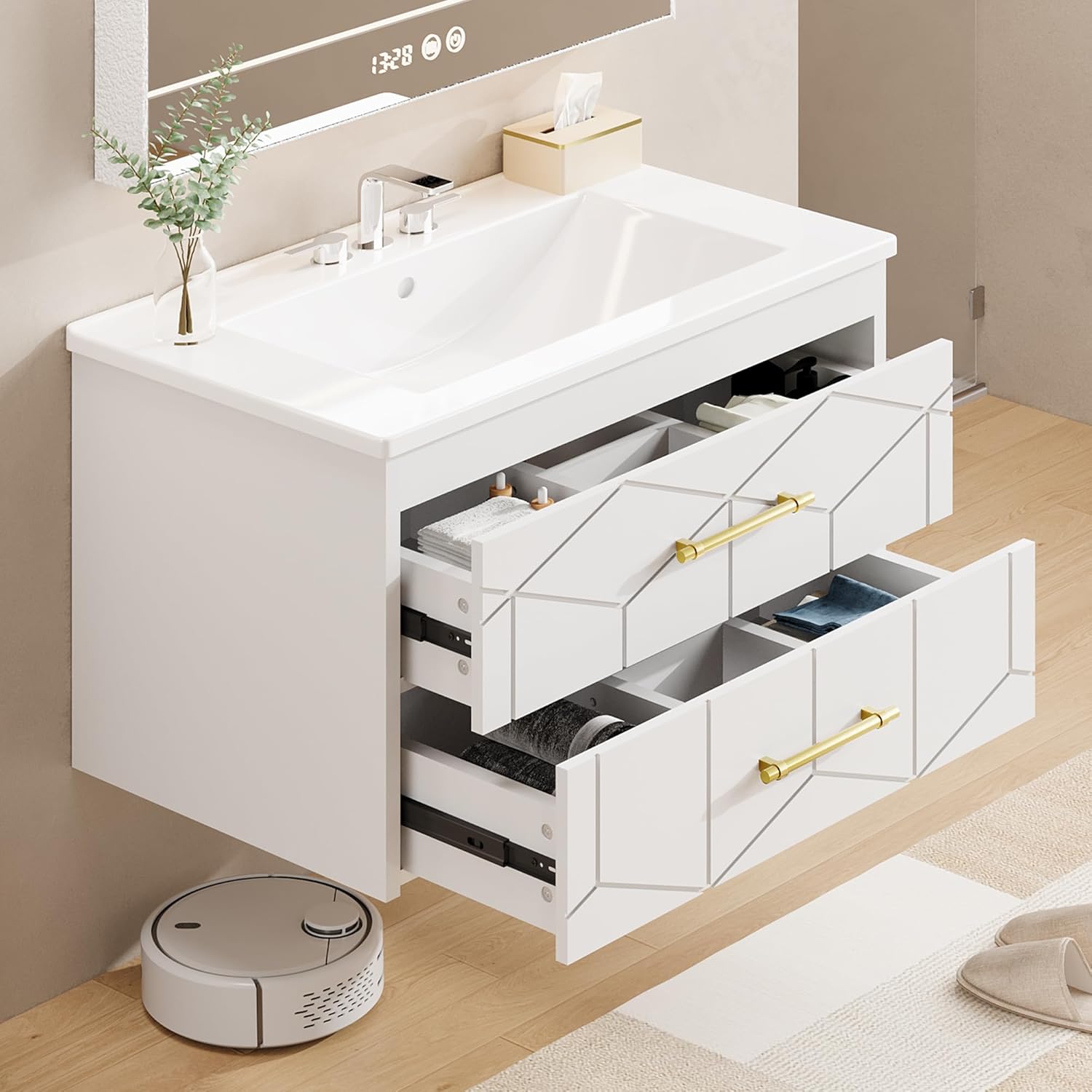 IDEALHOUSE Floating Bathroom Vanity with Sink 30 inch, Modern Bathroom Sink Cabinet, Ceramic Vanity Top, 2 Large Storage Drawers with Gold Metal Handle, Easy to Assembly, White