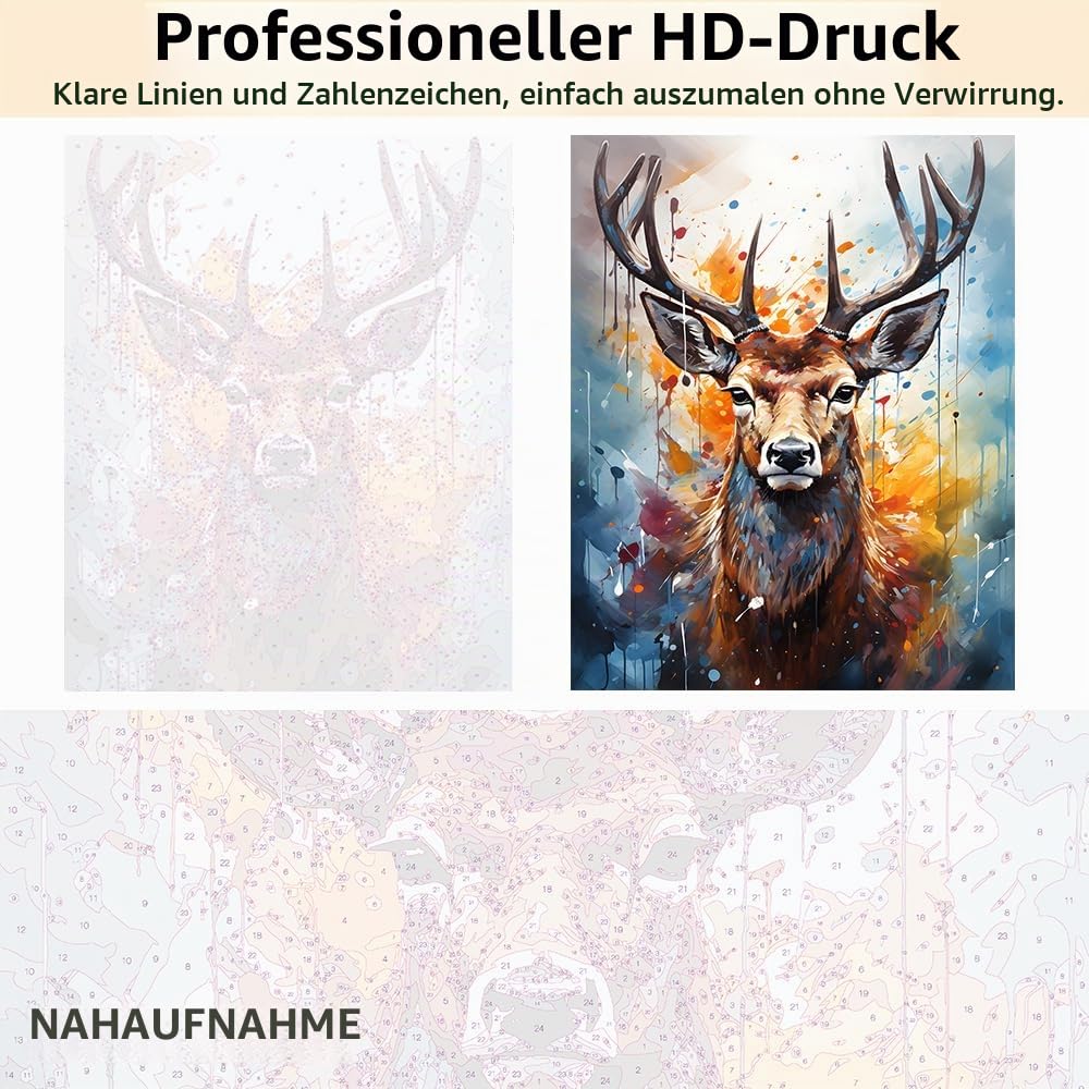 TISHIRON Hirsch Ölgemälde Malen nach Zahlen für Erwachsene Anfänger, Hirschkopf mit Geweih Tier Malen nach Zahlen Set mit Pinseln für Wanddeko Zuhause (40x50 cm) mit Rahmen