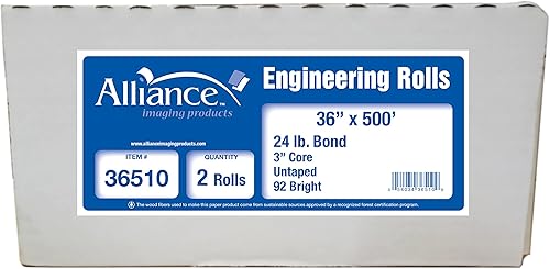 Miniatura 2 de Alliance Rollos de papel CAD, 36 pulgadas x 500 pies, 92 brillantes, 24 libras, 2 rollos por caja, rollos de bonos de chorro de tinta con núcleo de
