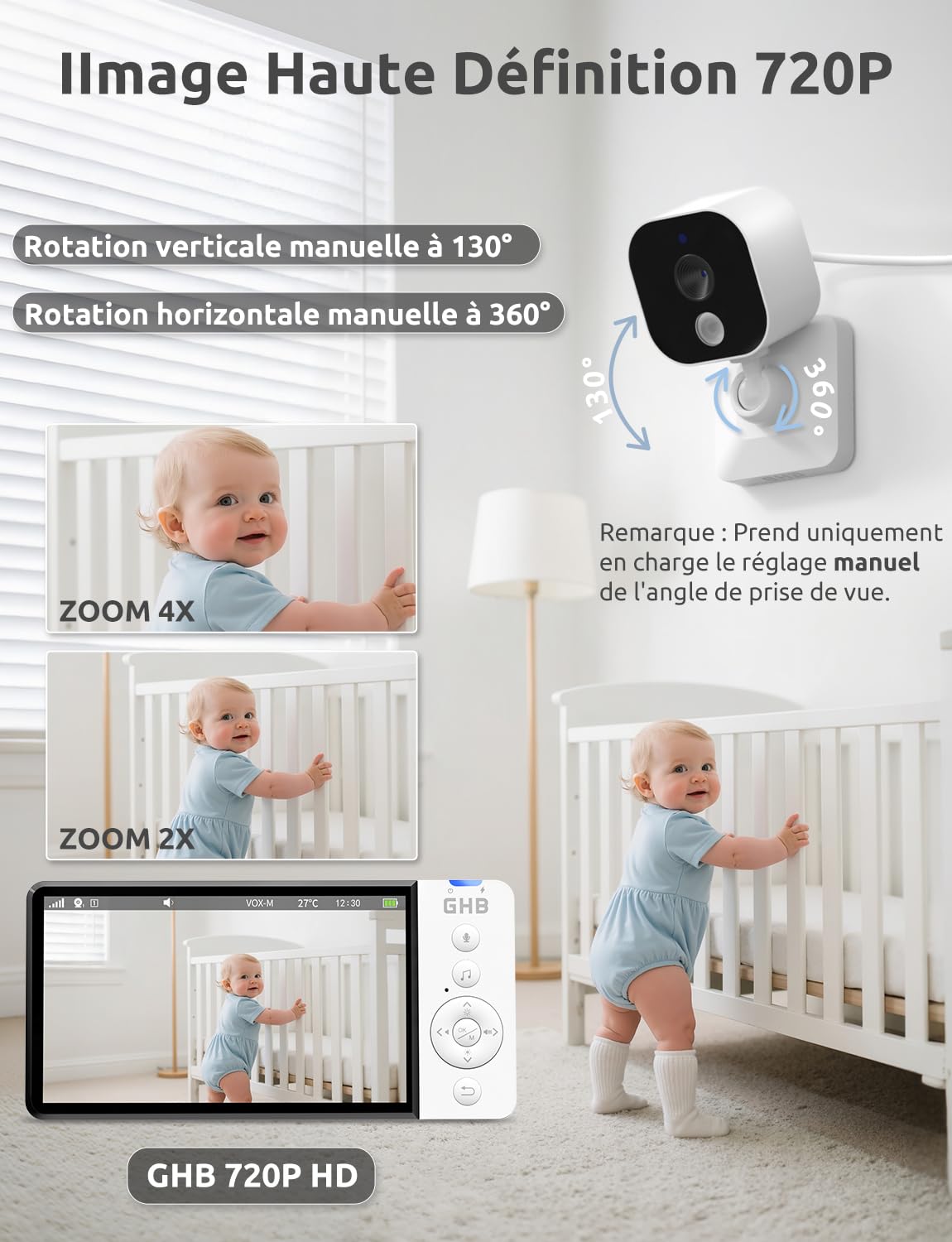 GHB Babyphone Camera Bebe Surveillance 5" 2,4 GHz 8 Berceuses Babyphones sans WiFi Baby Phone avec Camera VOX Mode Capteur de Température Communication Bidirectionnelle Vision Nocturne Non Rotation
