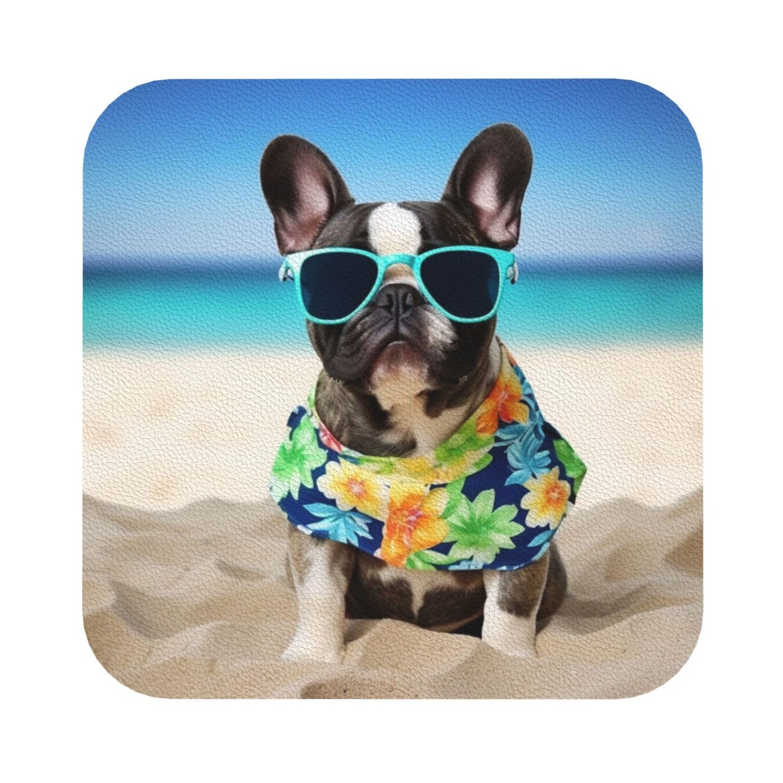 Fodpand Square French Bulldog Summer Drink Coasters Set Of 4, Heat Resistant Leather Coasters Fuuny Bar Beer Beverage Coaster For Drinks, Absorbent Cup Mat For Tabletop Protection, Housewarming Gift